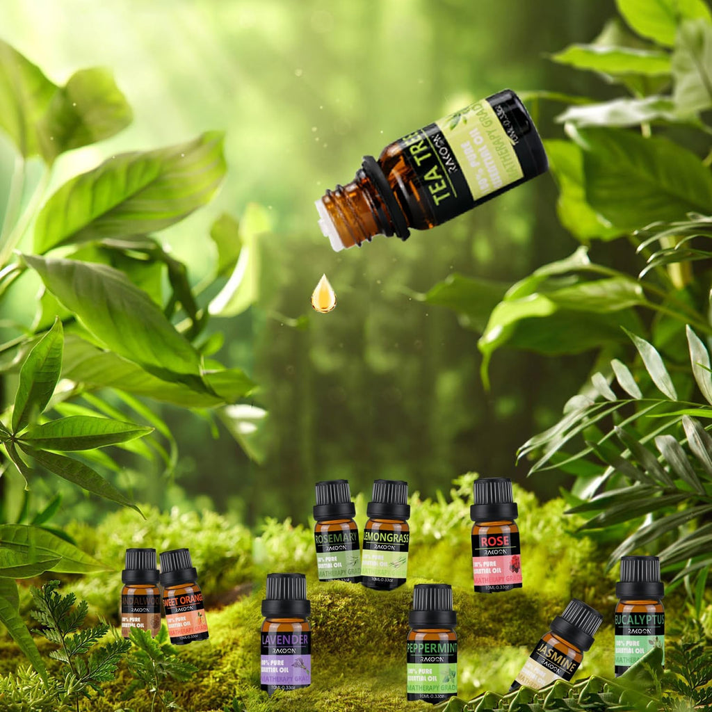 Rakoon Ultimate Essential Oil Diffusers & Essential Oil Set, Aromatherapy Diffuser for Home with Top 10 Essential Oils, 550ml Air Diffuser for Large Room, 4 Timer & 15 Ambient Light