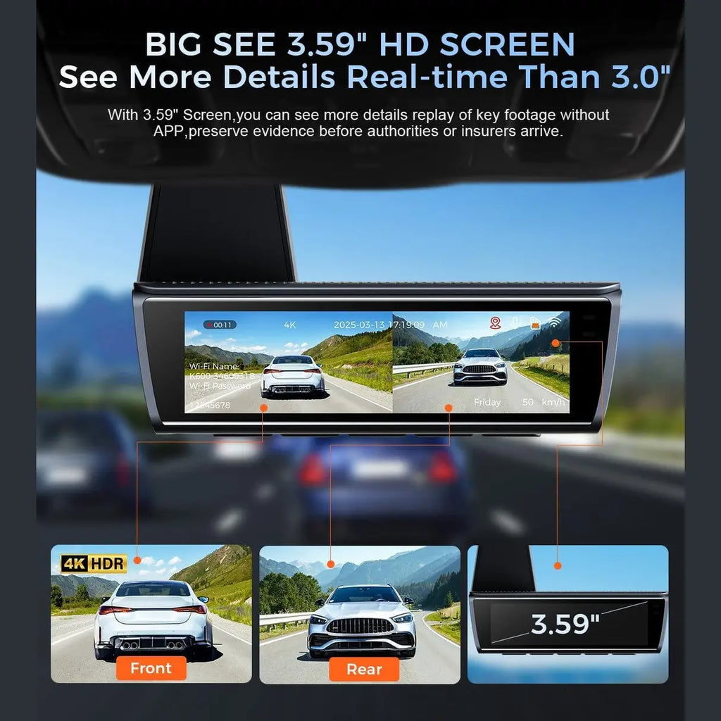 K600 4K Dash Cam Front and Rear, 3.59 Inch IPS Screen, Built-in GPS 5G WiFi Dash Camera for Cars with App, UHD 2160P Night Vision Free 32G SD Card, 170° Wide Angle, HDR, 24H Parking Mode
