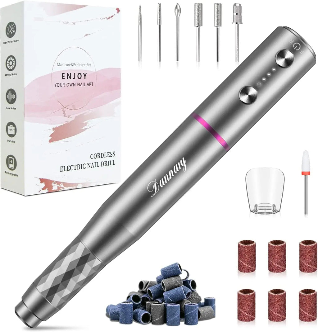 Gray Dannary rechargeable nail drill set with diamond grip, LED lights, and dust collector