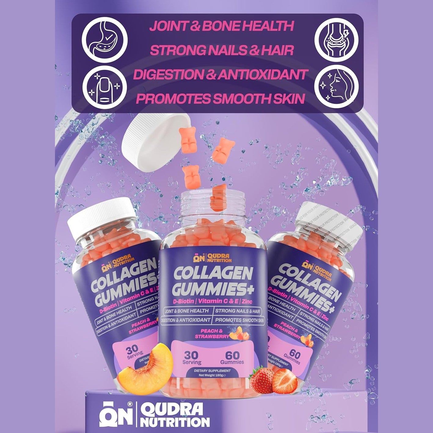 Qudra Nutrition Collagen Gummies Plus, Peach & Strawberry Flavour, with D-Biotin, Vitamins C & E and Zinc for Joint and Bones Health, Strong Nails & Hair, Promotes Smooth Skin & Digestion,