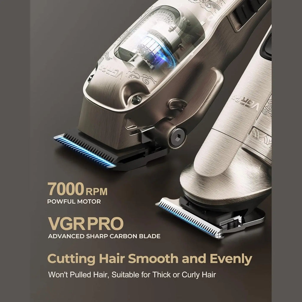 VGRPRO silver cordless hair clippers with carbon steel blade and 7000 RPM motor
