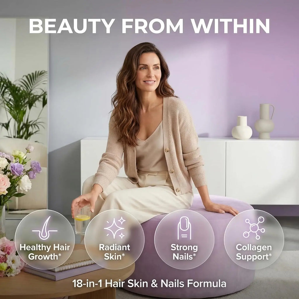 Woman holding glass with text beauty from within for healthy hair growth and radiant skin