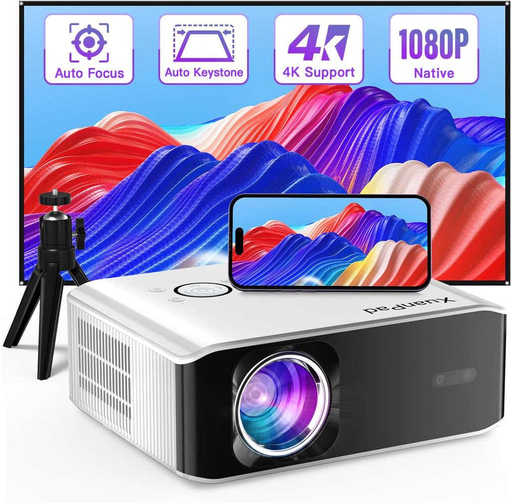 XuanPad Projector AI Auto Focus 26000L Native 1080P Smart Portable Projector 4K Supported Outdoor Home Cinema with Tripod for iOS Android TV Stick