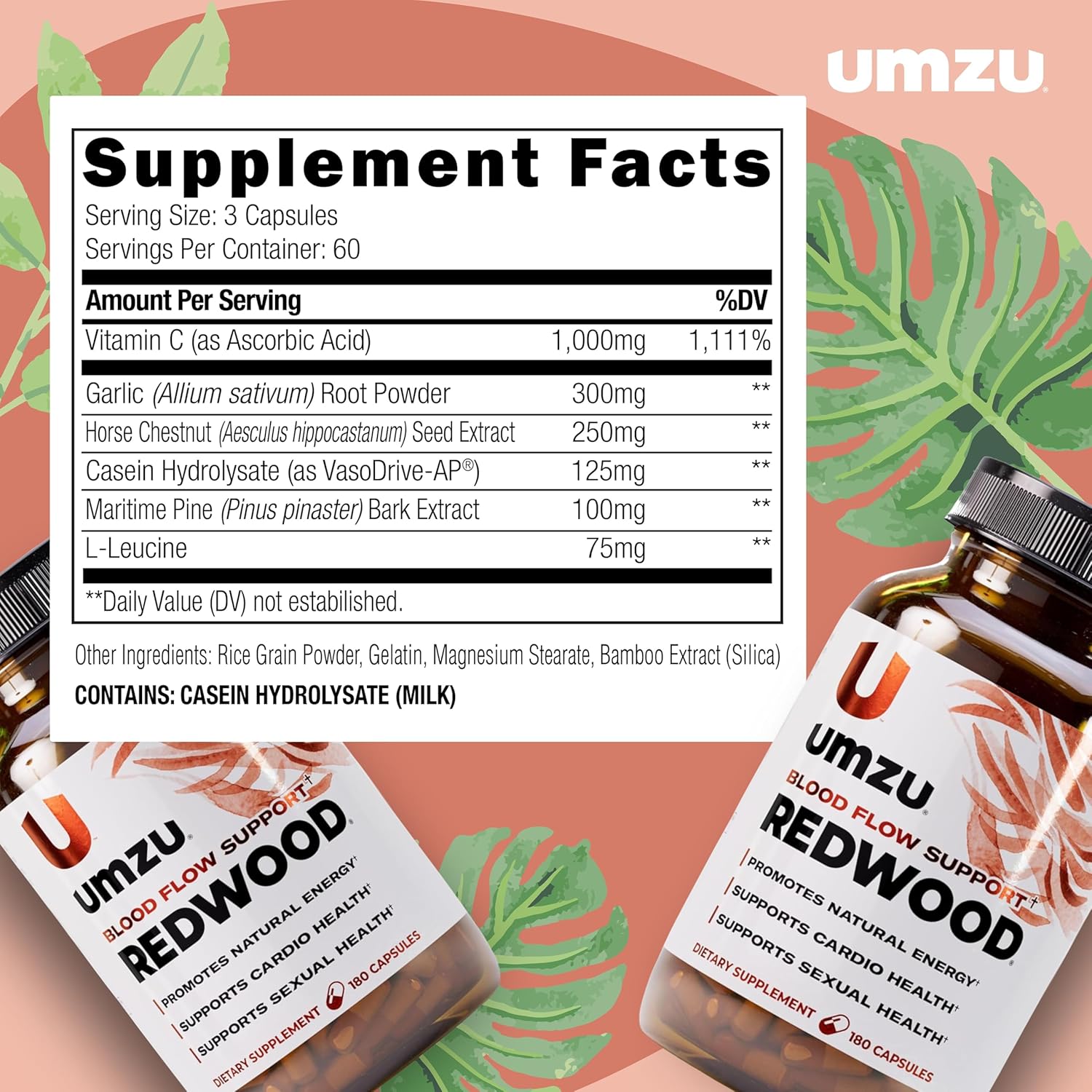 UMZU Redwood Nitric Oxide Booster, (30 Day Supply) – Vitamin C, Garlic & Horse Chestnut – Healthy Circulation & Endurance – Daily Cardiovascular Support Nitric Oxide Supplement Blood Flow Supplement