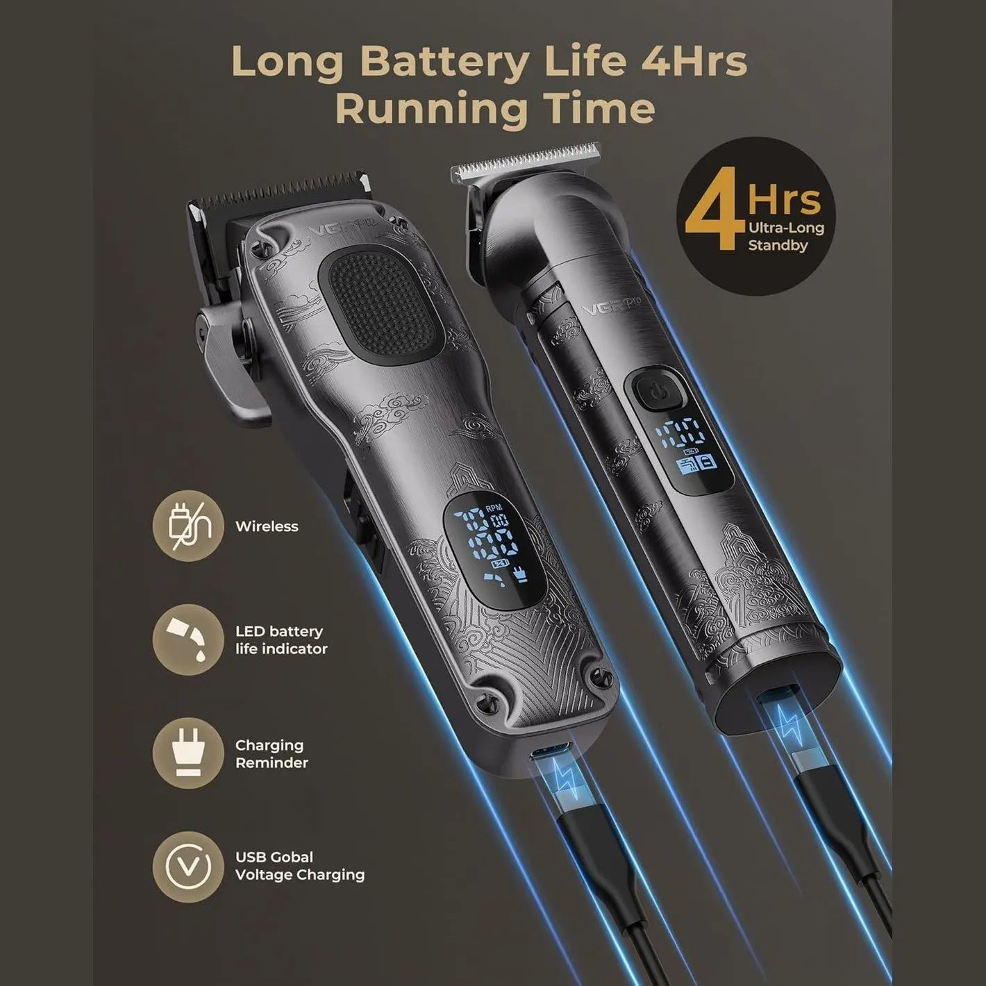 VGRPRO Hair Clippers for Men, Professional Cordless Hair Clippers and Trimmer Set, 4 in 1 Mens Beard Trimmer and Nose Ear Trimmer with Package Box Gray