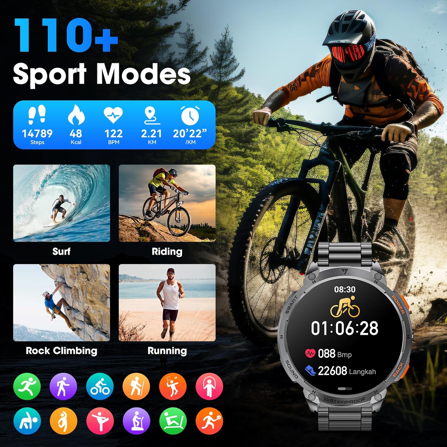 Military Smart Watch for Men 1.85" HD 730mAh Battery Smart Watches with LED Flashlight for Android iOS （Bluetooth Call Answer/Dial Calls） Fitness Tracker with Heart Rate Blood Black Steel Strip