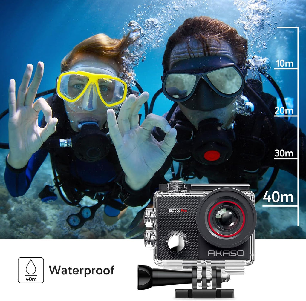 AKASO EK7000 Pro 4K Sports Camera with MicroSDXC Card 128GB, 20MP WiFi Action Sports Camera with Touch Screen, EIS Stabilizer, Remote Control, 170° Adjustable Angle, 40M Waterproof and 2 Batteries