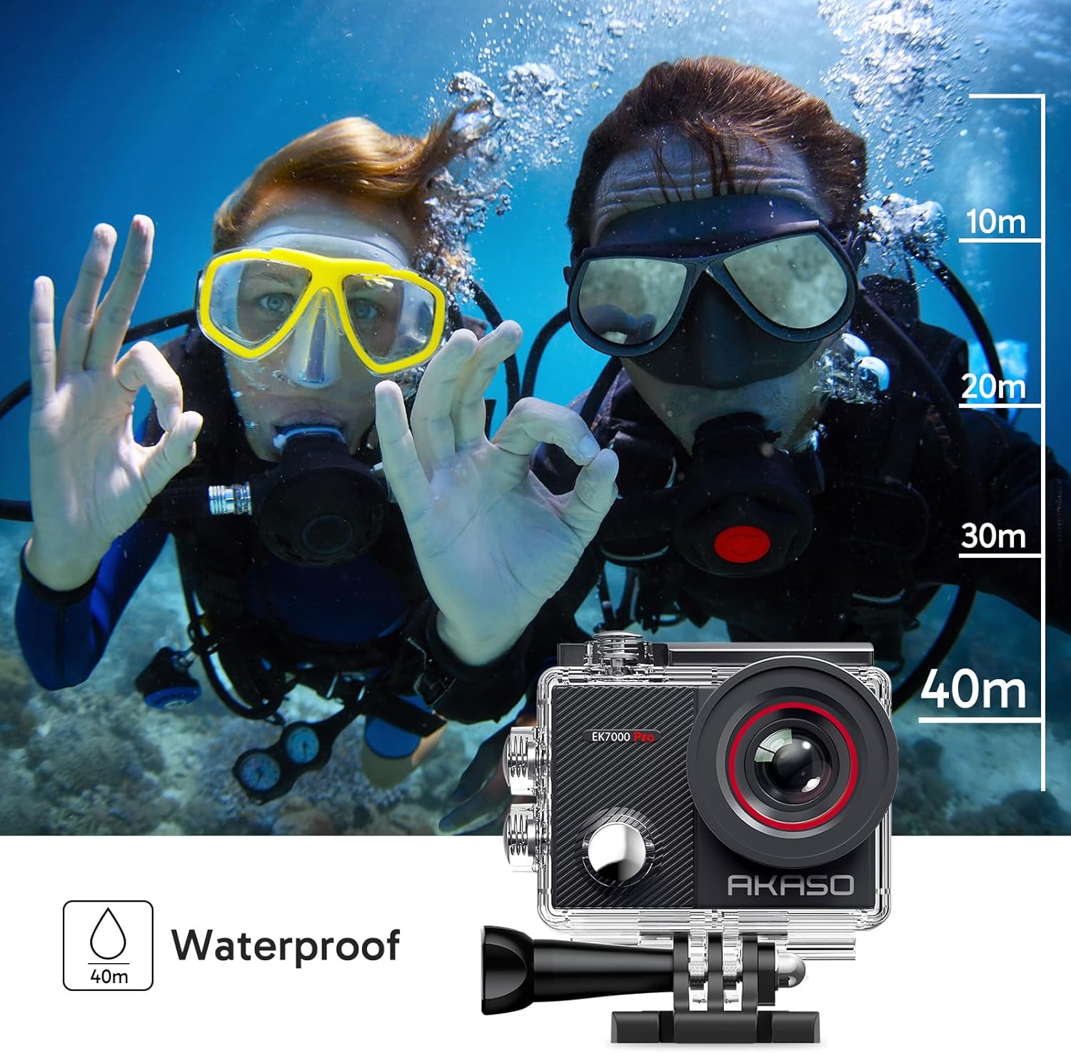 AKASO EK7000 Pro 4K Sports Camera with MicroSDXC Card 128GB, 20MP WiFi Action Sports Camera with Touch Screen, EIS Stabilizer, Remote Control, 170° Adjustable Angle, 40M Waterproof and 2 Batteries
