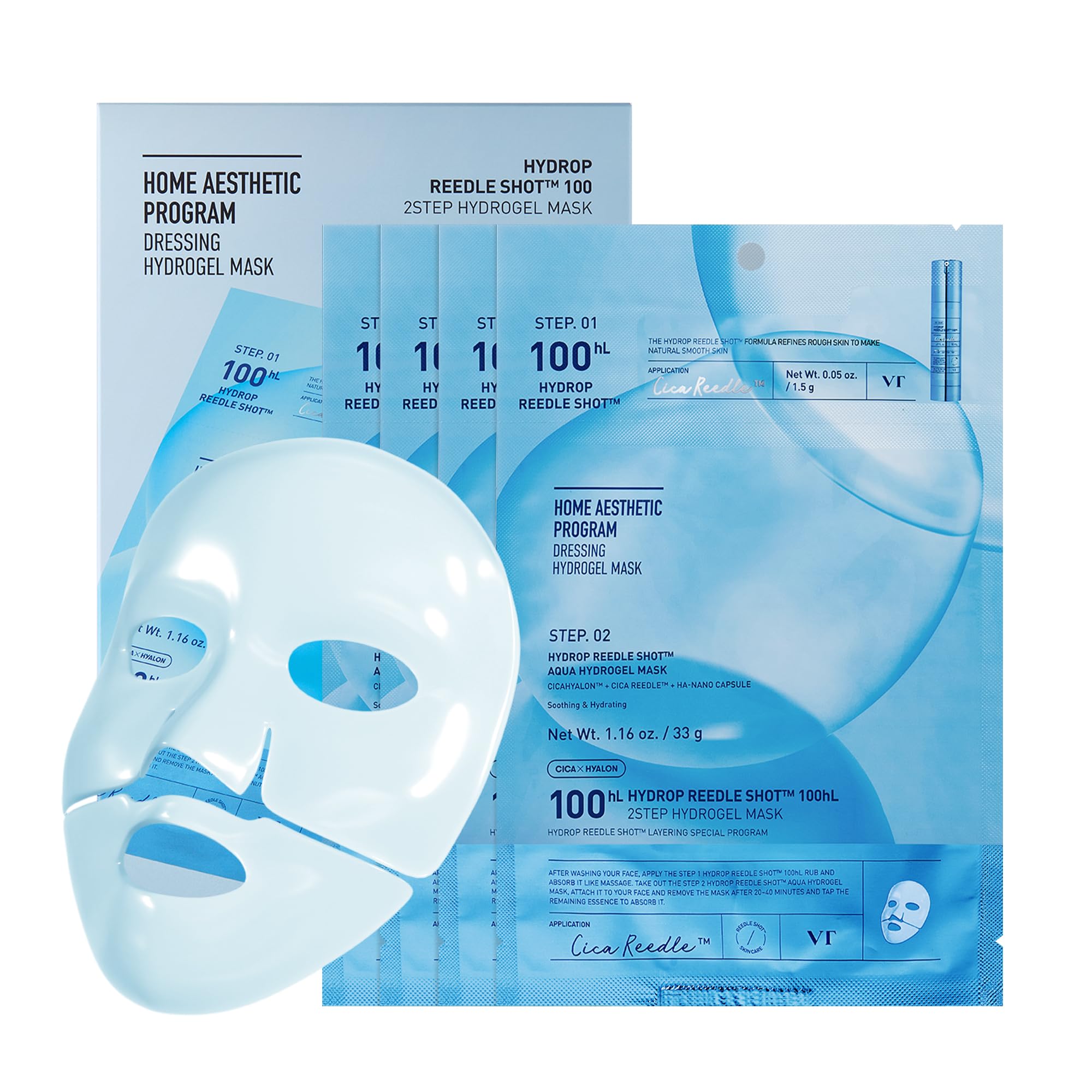 VT COSMETICS Collagen Reedle Shot 100 2-Step Hydrogel Mask(34.5gx4ea) | Intensive Firming, Exosome 500Da Collagen, Fine Lines, Overnight Melting Mask, Korean Facial Mask