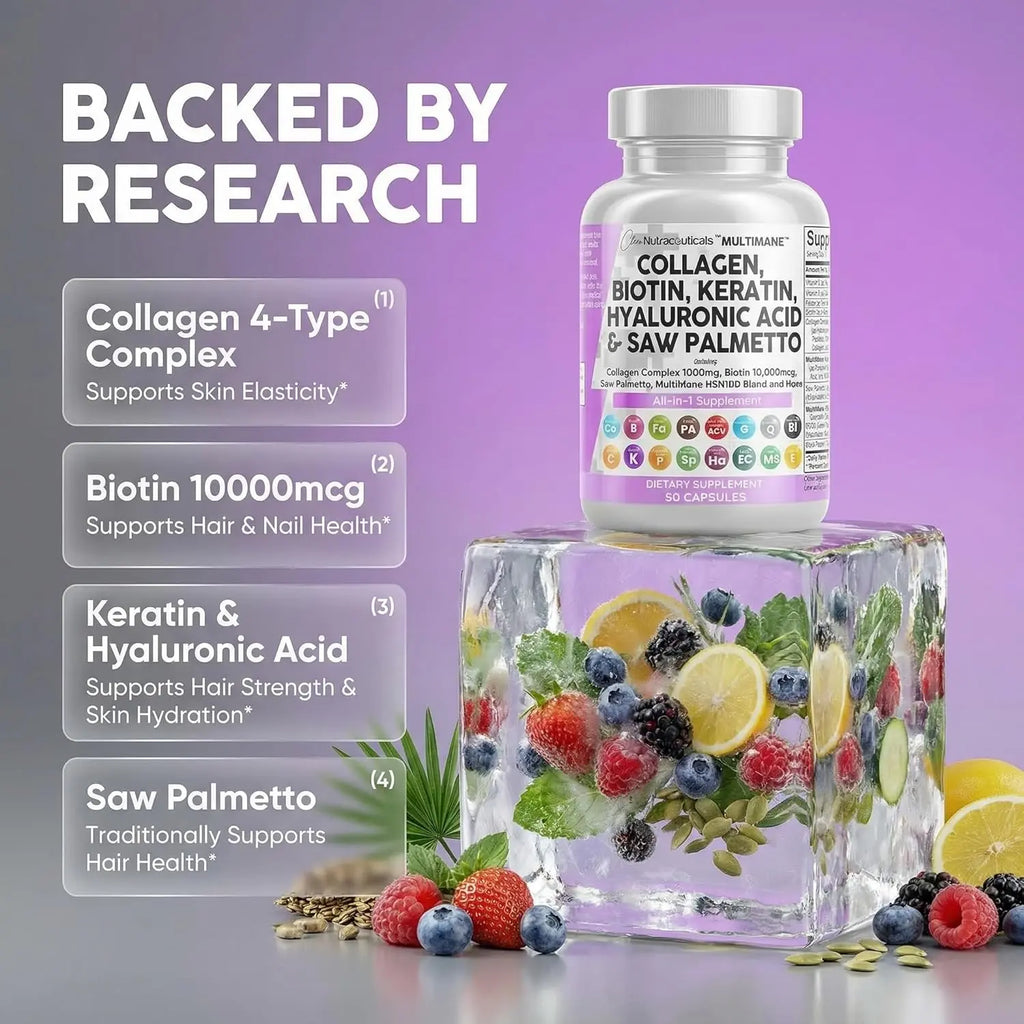 Clean Nutraceuticals Multimane collagen biotin keratin supplement bottle with ice and berries