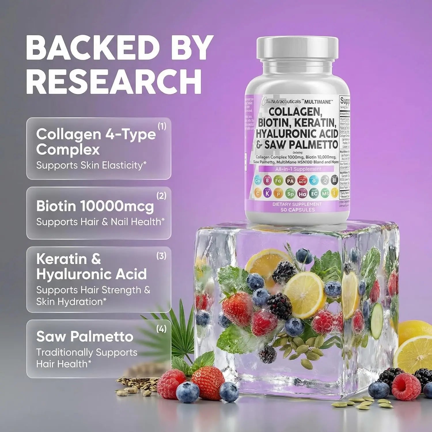 Clean Nutraceuticals Multimane collagen biotin keratin supplement bottle with ice and berries