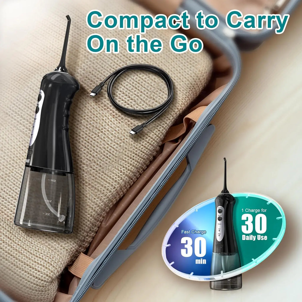 Compact black water flosser with USB-C cable in travel bag for fast charging