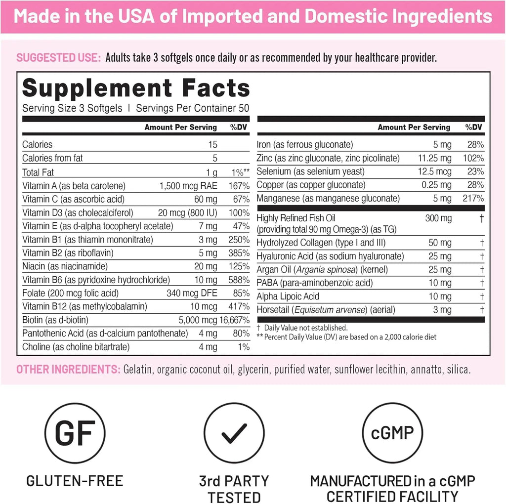 NatureWise Hair Skin and Nails Vitamin, Biotin 5000mcg w/Hyaluronic Acid, Collagen for Women with C, B Complex, D3, A, E, Iron - Non-GMO, Gluten Free - 150 Softgels[50-Day Supply]