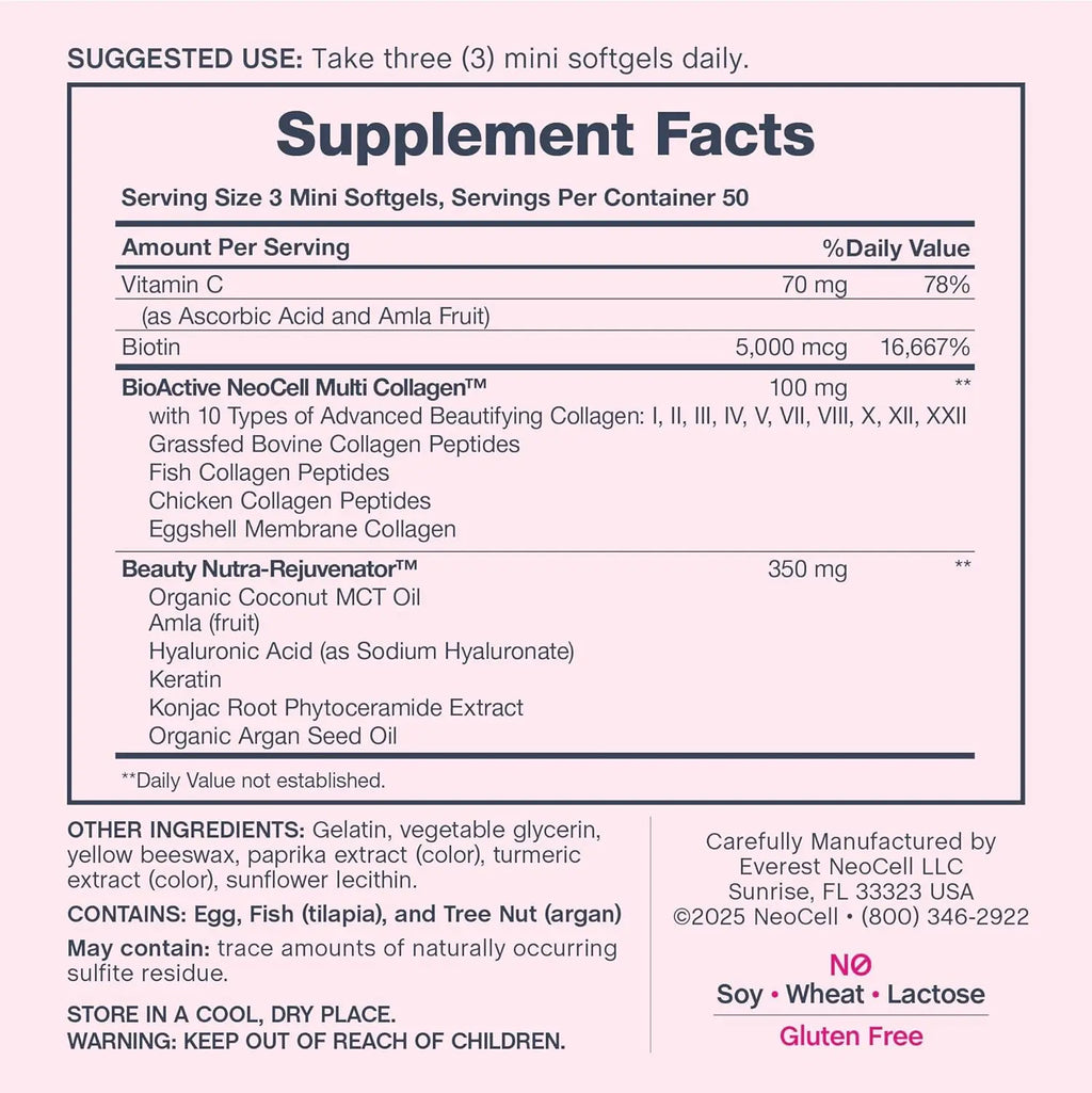 NeoCell Hair Skin and Nails Vitamins with Collagen | 150 Softgels | Advanced Bio-Peptides with Keratin & Hyaluronic Acid | Beauty Complex Supplement