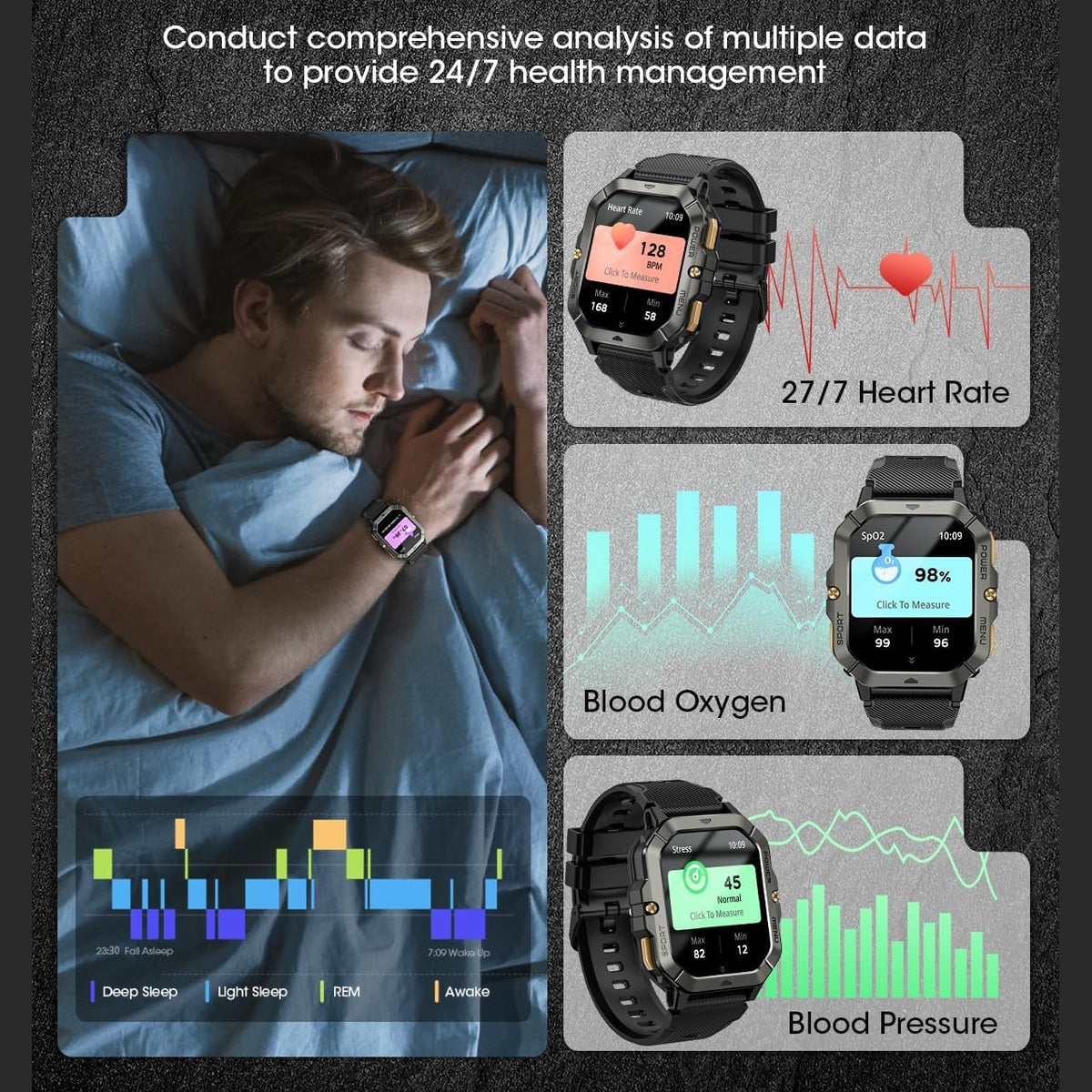 Military Smart Watches for Men (Answer/Make Calls), 2.02'' Fitness Smart Watch for Android and iPhone, Waterproof Fitness Tracker with Blood Pressure/Heart Rate/Sleep/100+ Sport Modes, Watches for Men