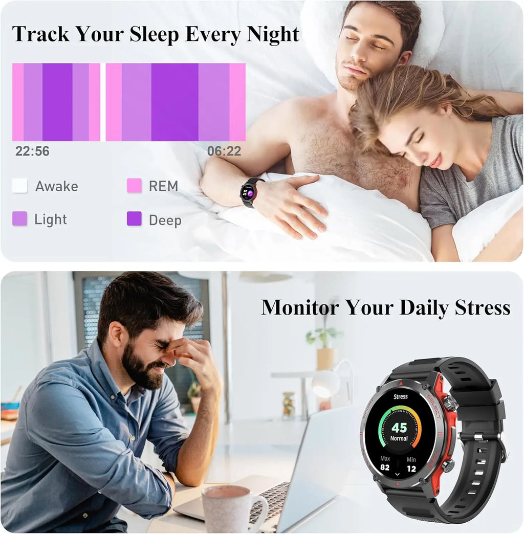 Sleep tracking and stress monitor features shown on Karsel men's and women's smartwatch