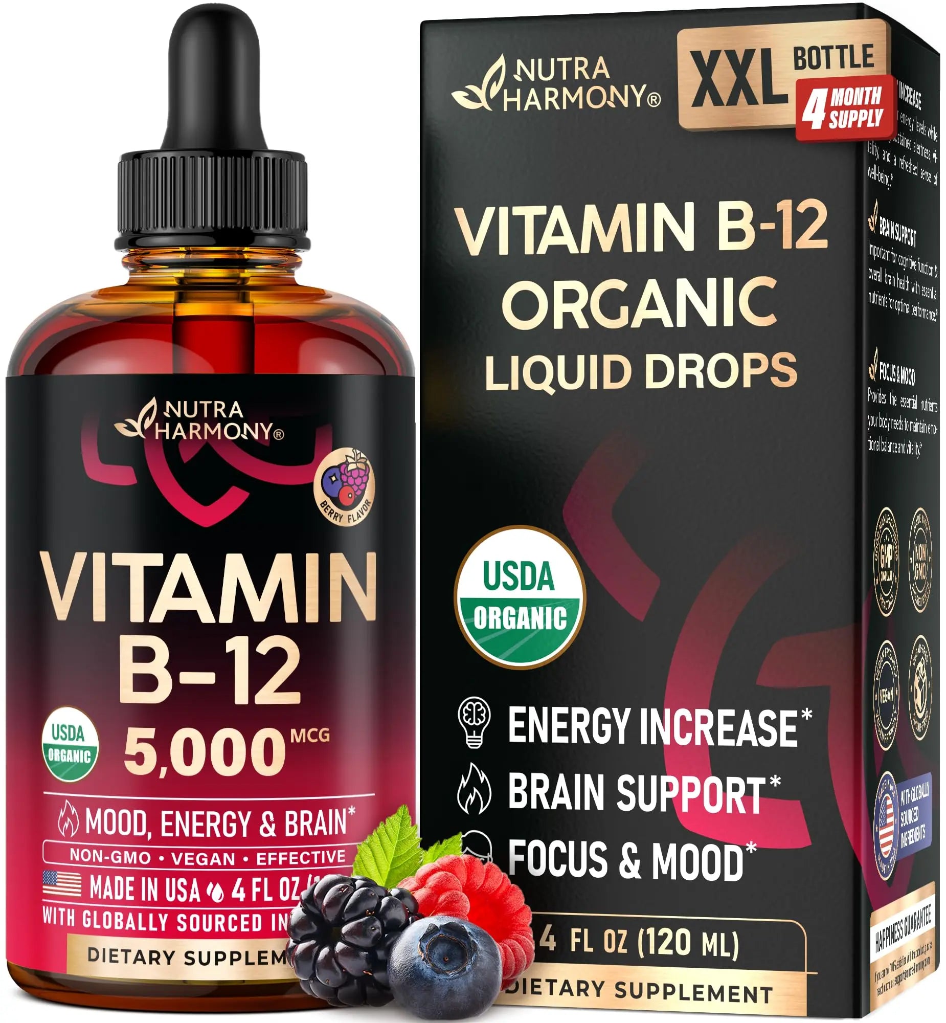 USDA Organic Vitamin B12 Sublingual Drops - 5000 mcg Liquid Vegan Methylcobalamin for Women & Men - Energy Boost, Focus & Mood, Brain Health Support - Maximize Absorption - 2 Month Supply, 2 fl oz