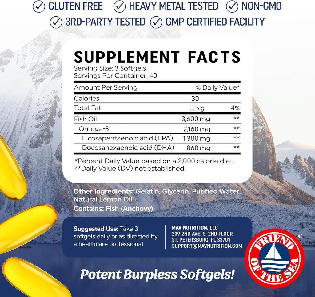 Triple Strength Omega 3 Fish Oil 3600 mg | EPA & DHA | Over 2100mg Omega-3 Fatty Acids | 1300mg EPA + 860mg DHA | Best Essential Fatty Acids | Premium Wild Caught & Burpless Fish Oil | 120 Ct