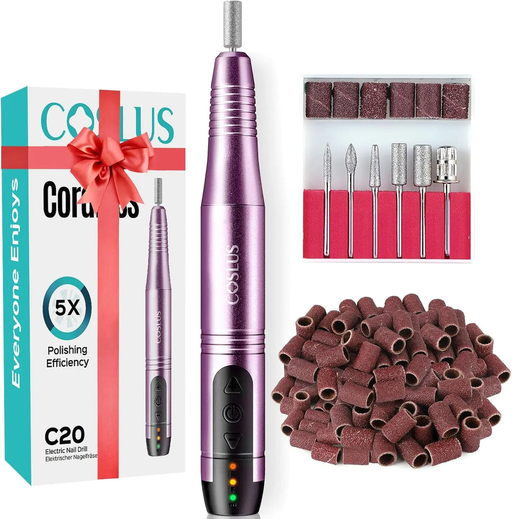 COSLUS C20 purple cordless nail drill kit with bits and sanding bands