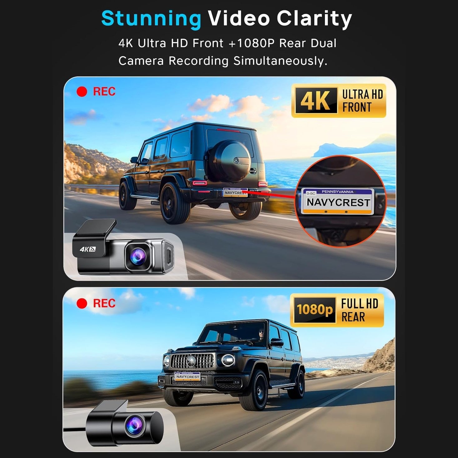 Navycrest 5G WiFi Dash Cam Front and Rear with 64GB Card, Dash Camera for Cars 2.5K/1440p Front and 1080P Rear, Dashcams for Cars Loop Recording, Gravity Sensor, 24Hours Parking Mode, Silver