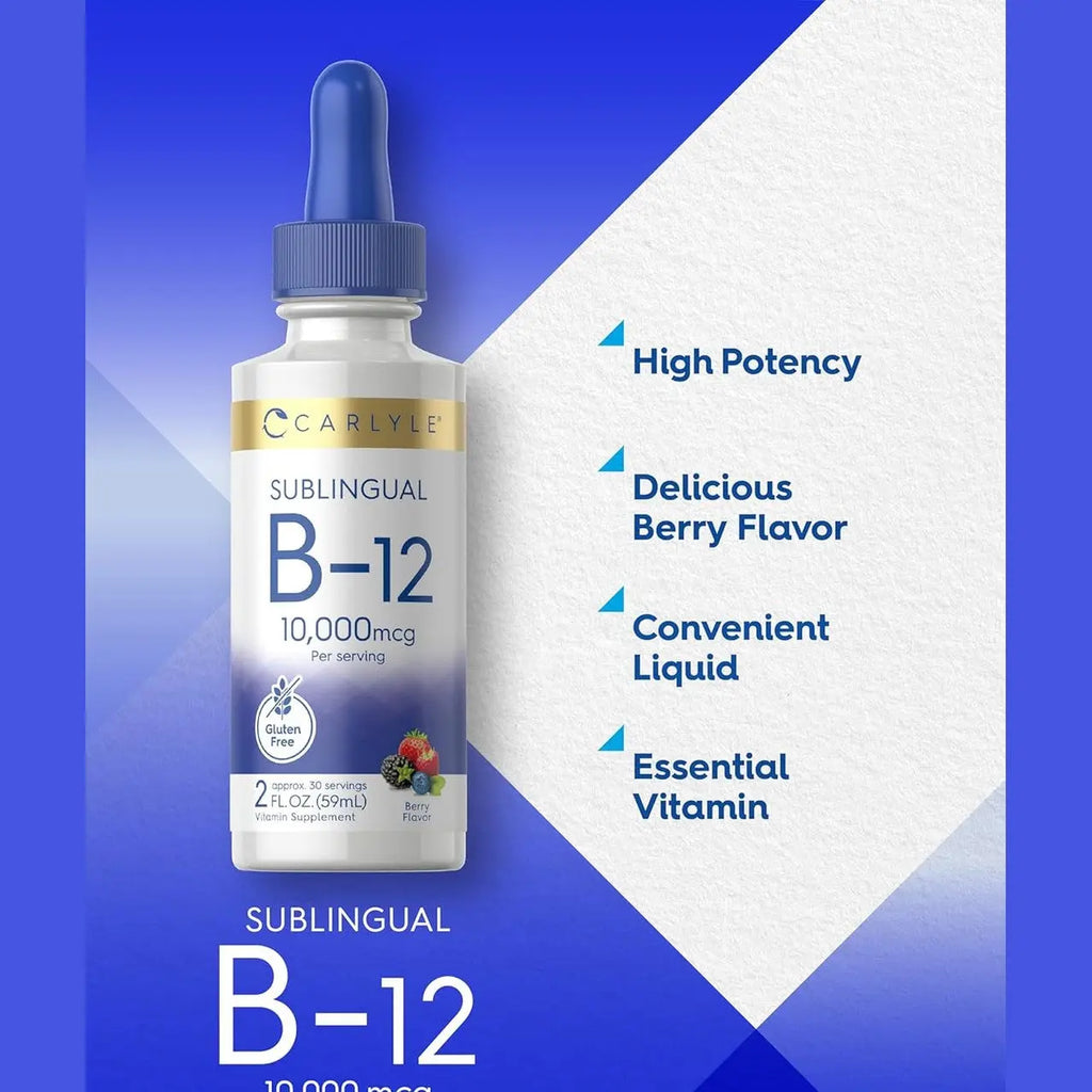 Carlyle Vitamin B12 Sublingual Liquid Drops | 10,000mcg | 2 fl oz | Vegetarian, Non-GMO, Gluten Free