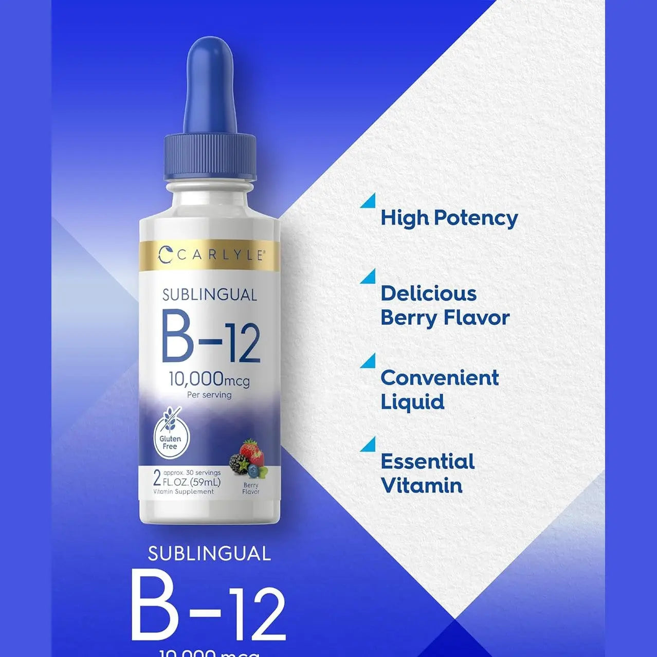 Carlyle Vitamin B12 Sublingual Liquid Drops | 10,000mcg | 2 fl oz | Vegetarian, Non-GMO, Gluten Free