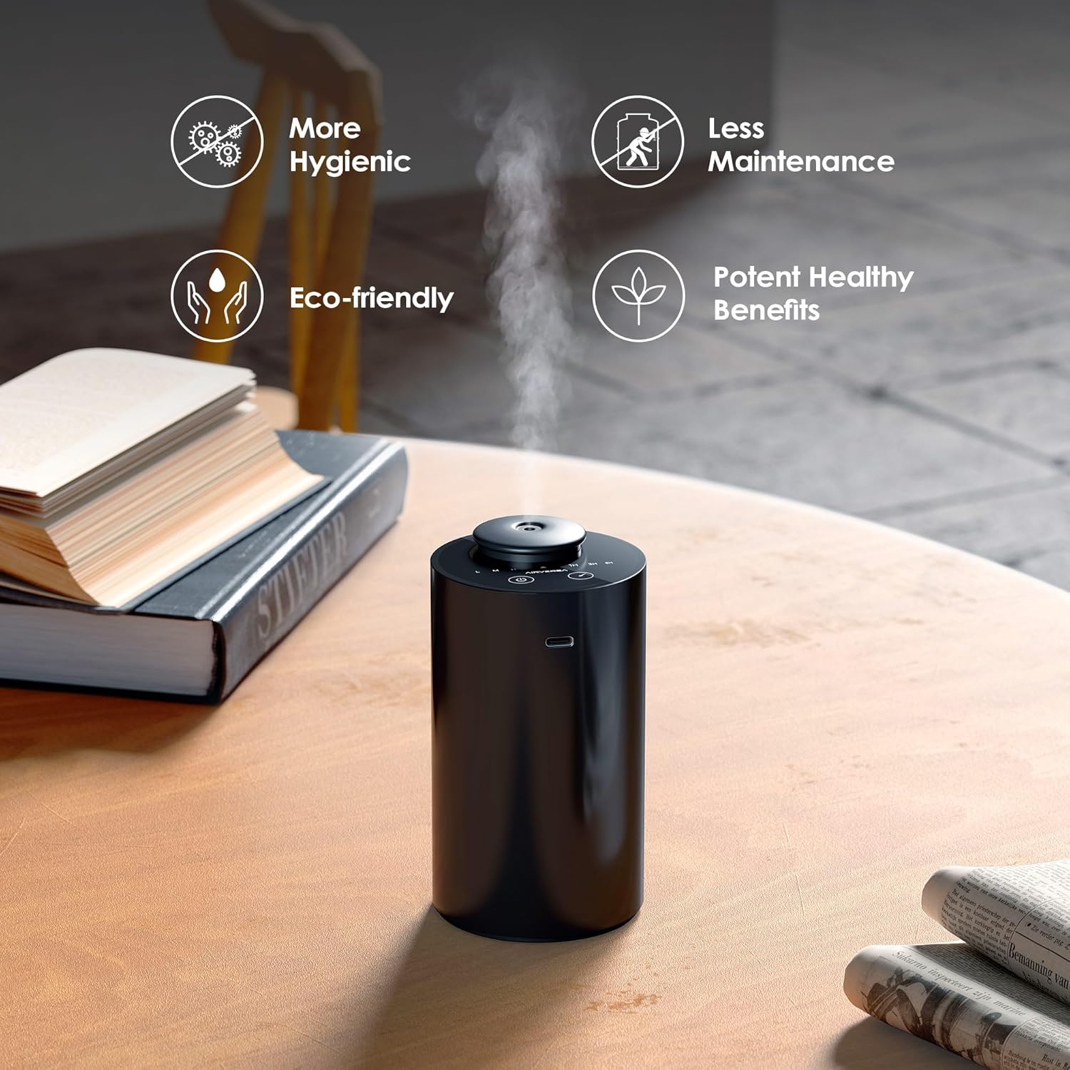 Airversa Water Free Diffuser for Essential Oils Battery Operated Mini Aroma Machine Aromatherapy 4 Timers 3 Steam Levels for Home Car Office AN6 Black
