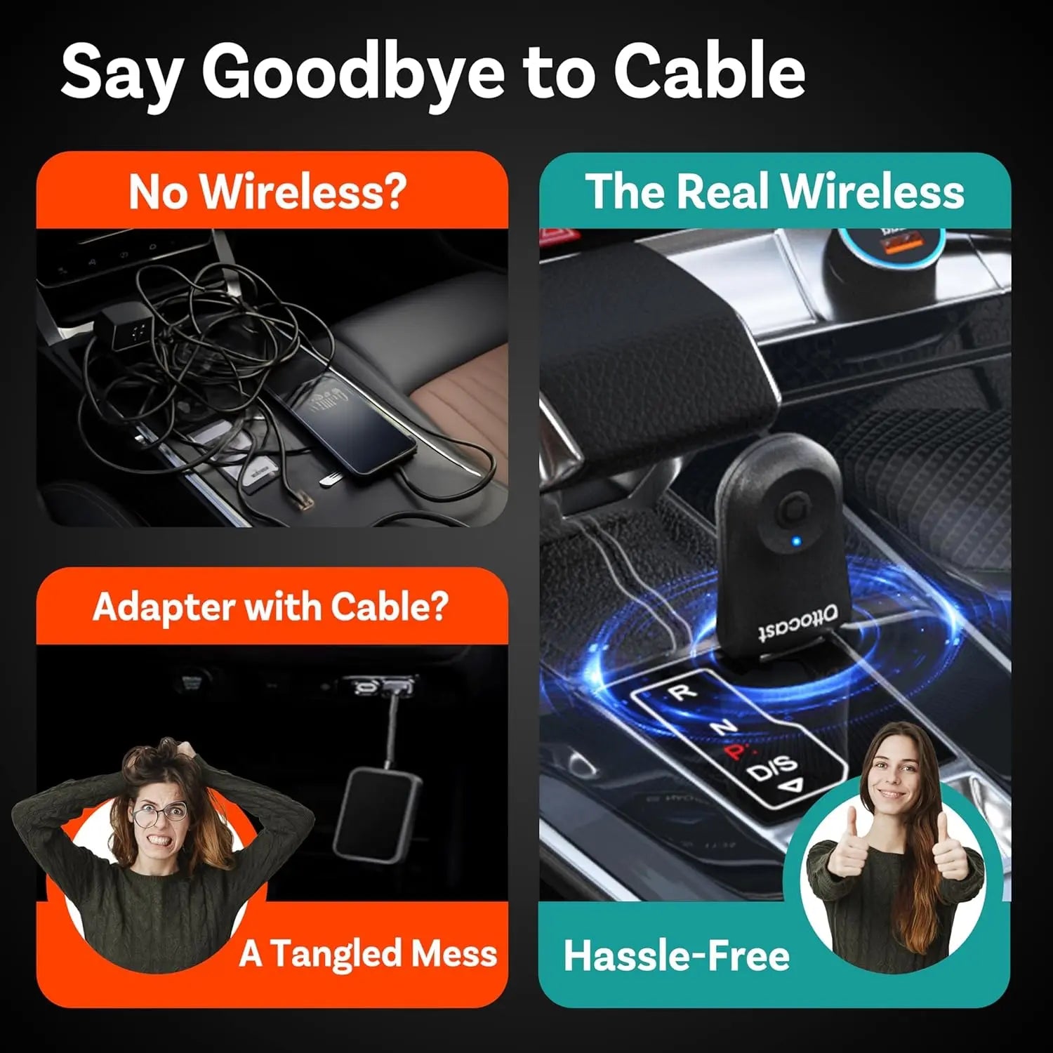 Comparison of messy cables versus clean Ottocast wireless adapter installation in car console