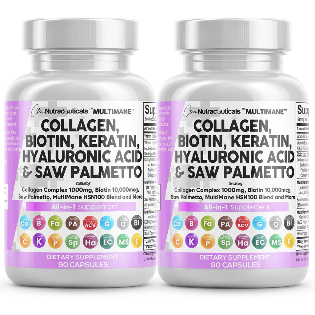 Two bottles of Clean Nutraceuticals multimane collagen biotin supplement side by side