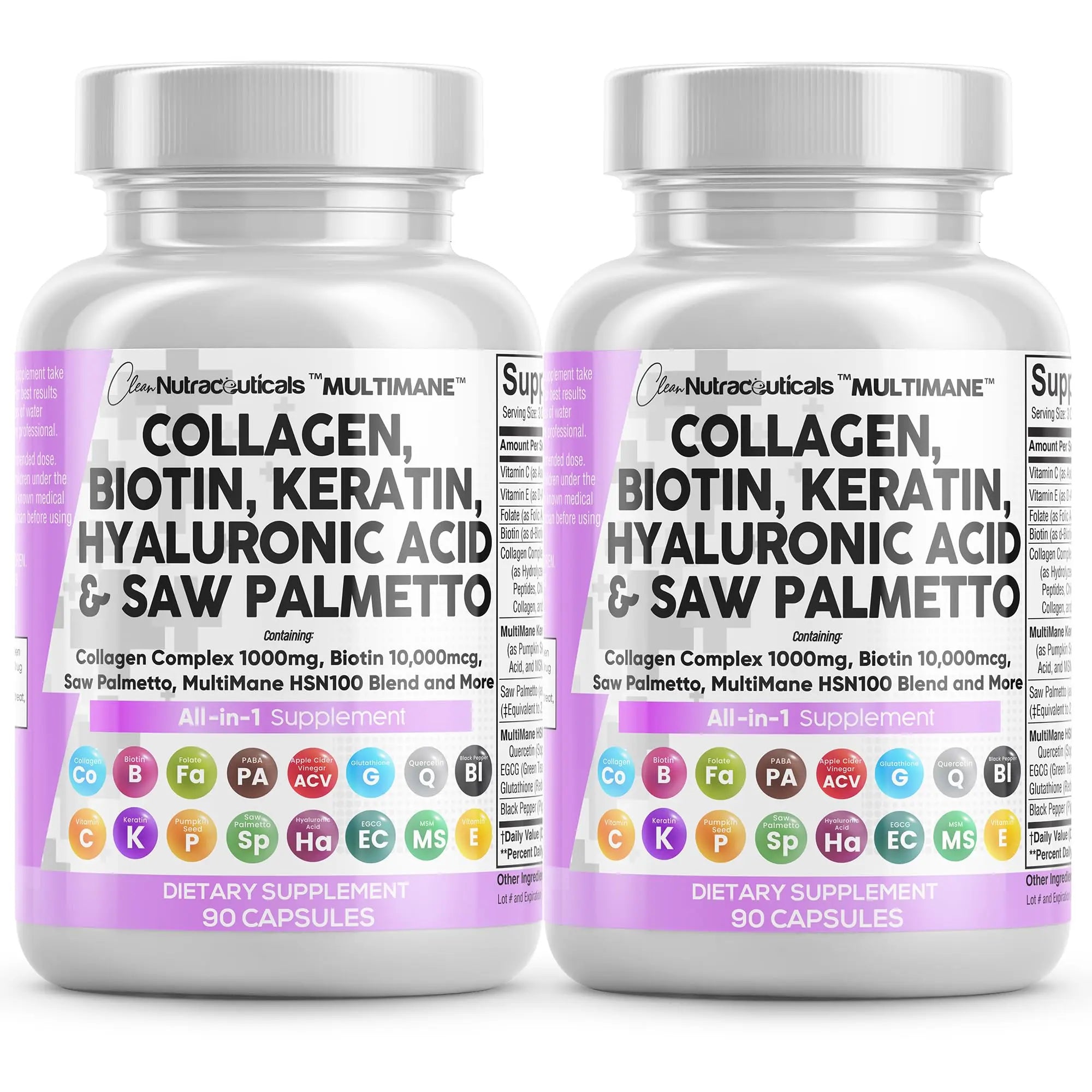 Two bottles of Clean Nutraceuticals multimane collagen biotin supplement side by side