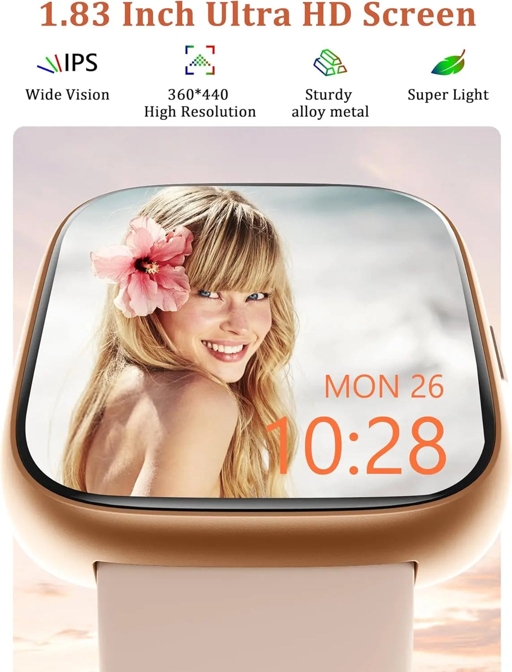 Gold-tone smartwatch with beige strap and 1.83 inch Ultra HD display