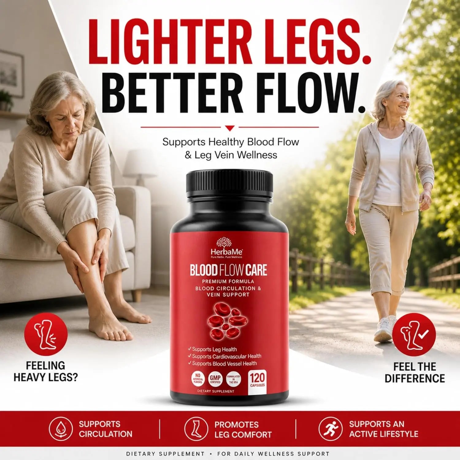 HerbaMe Blood Flow Care supplement bottle for leg vein and cardiovascular health support