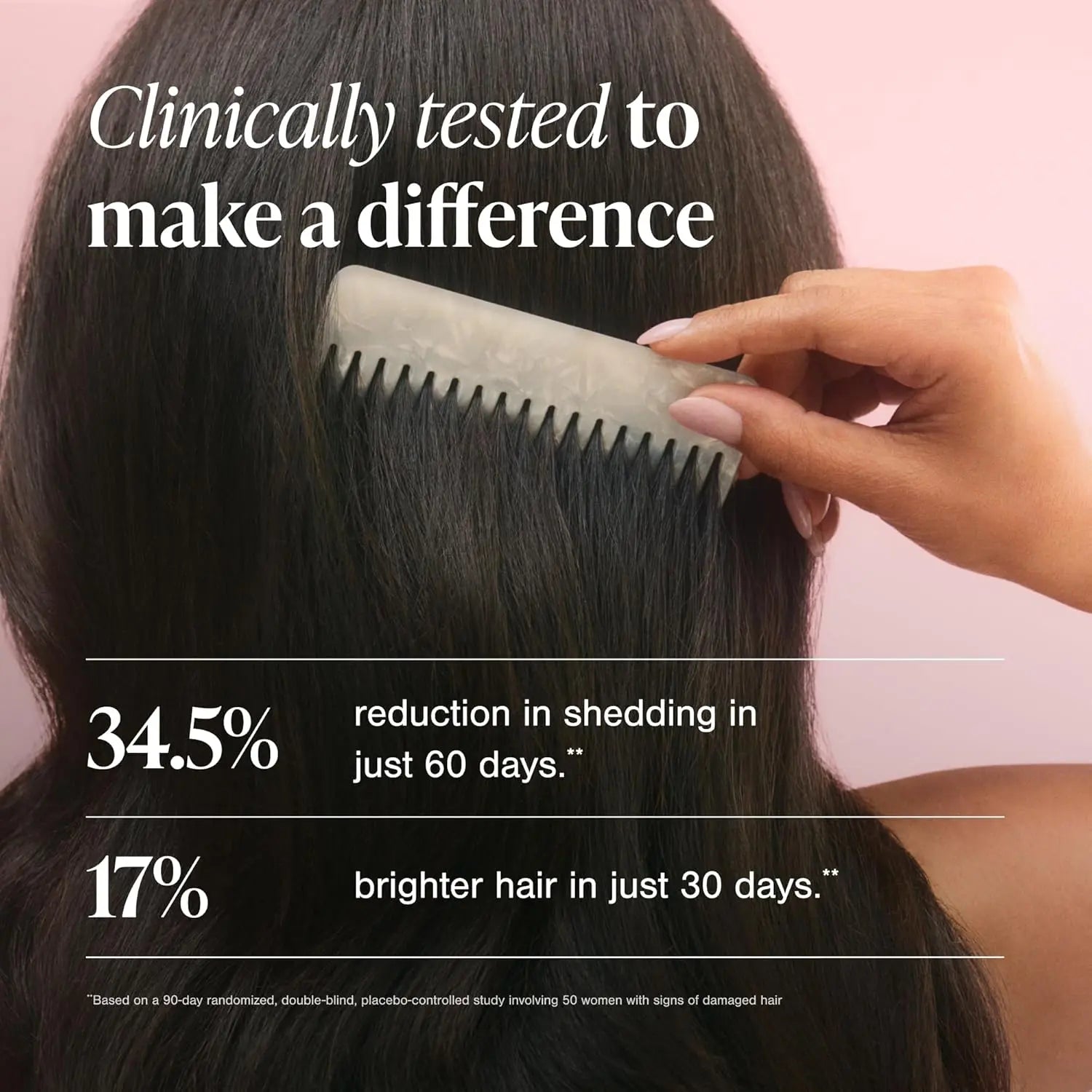 Woman combing long dark hair demonstrating reduced shedding and brighter hair from Viviscal supplements