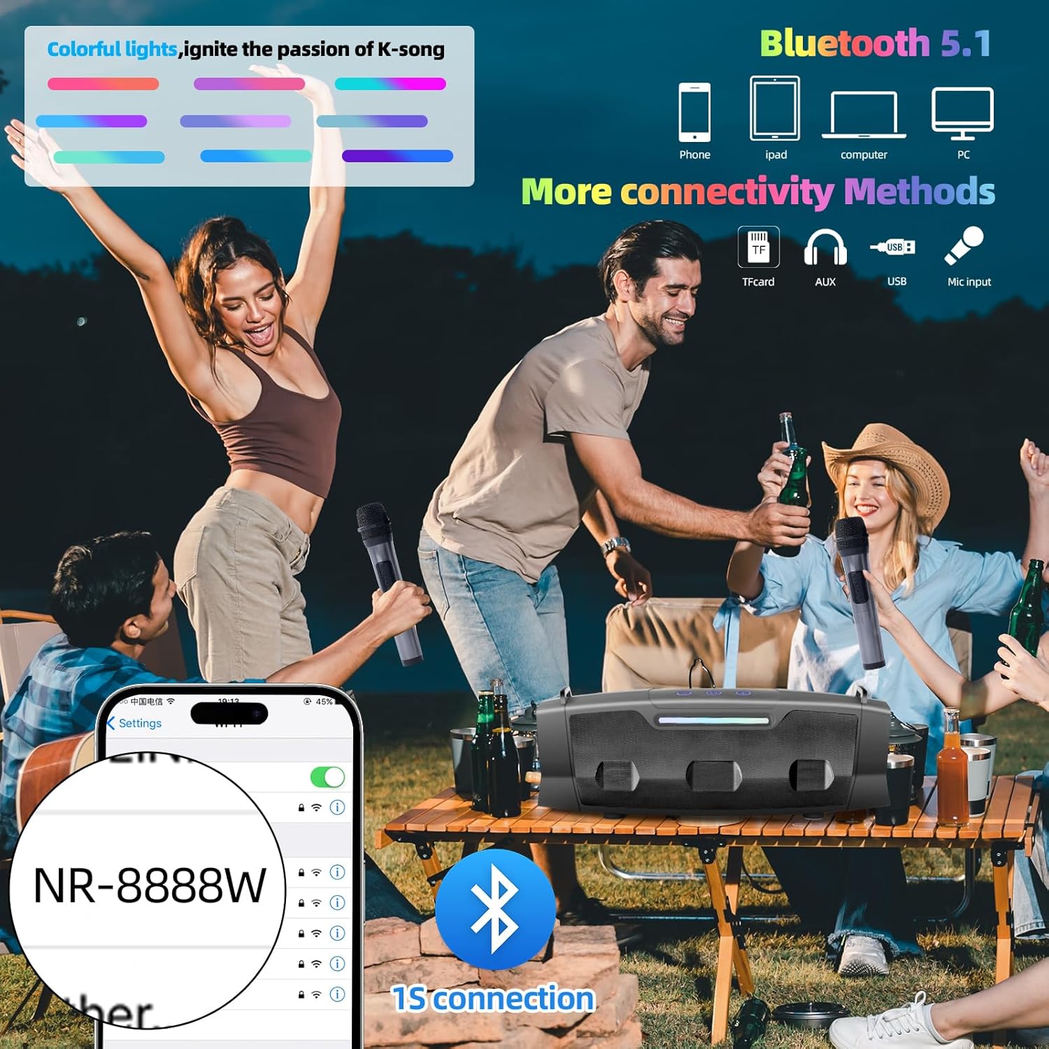 LENND Karaoke Speaker with Microphone,Karaoke Machine for Adults & Kids with Lights,Portable Bluetooth 5.1 Speaker,Karaoke Microphone Supports AUX USB TF for Outdoor Home Travel Party