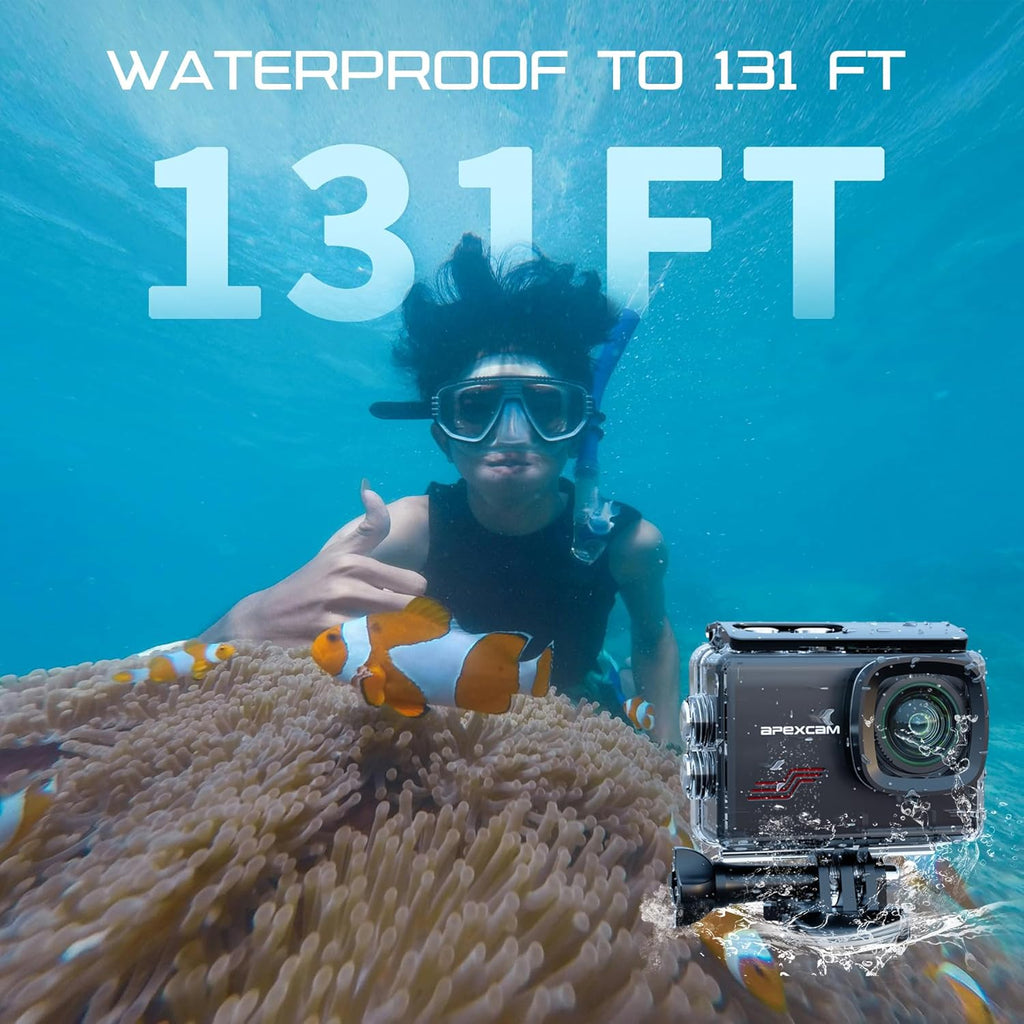 Apexcam New M80PRO Action Cam 4K 64MP EIS Touch Screen with 64GB Waterproof Sports Camera Card Underwater Camera 40M 8X Zoom and 2 x 1350 Batteries Accessories Kit