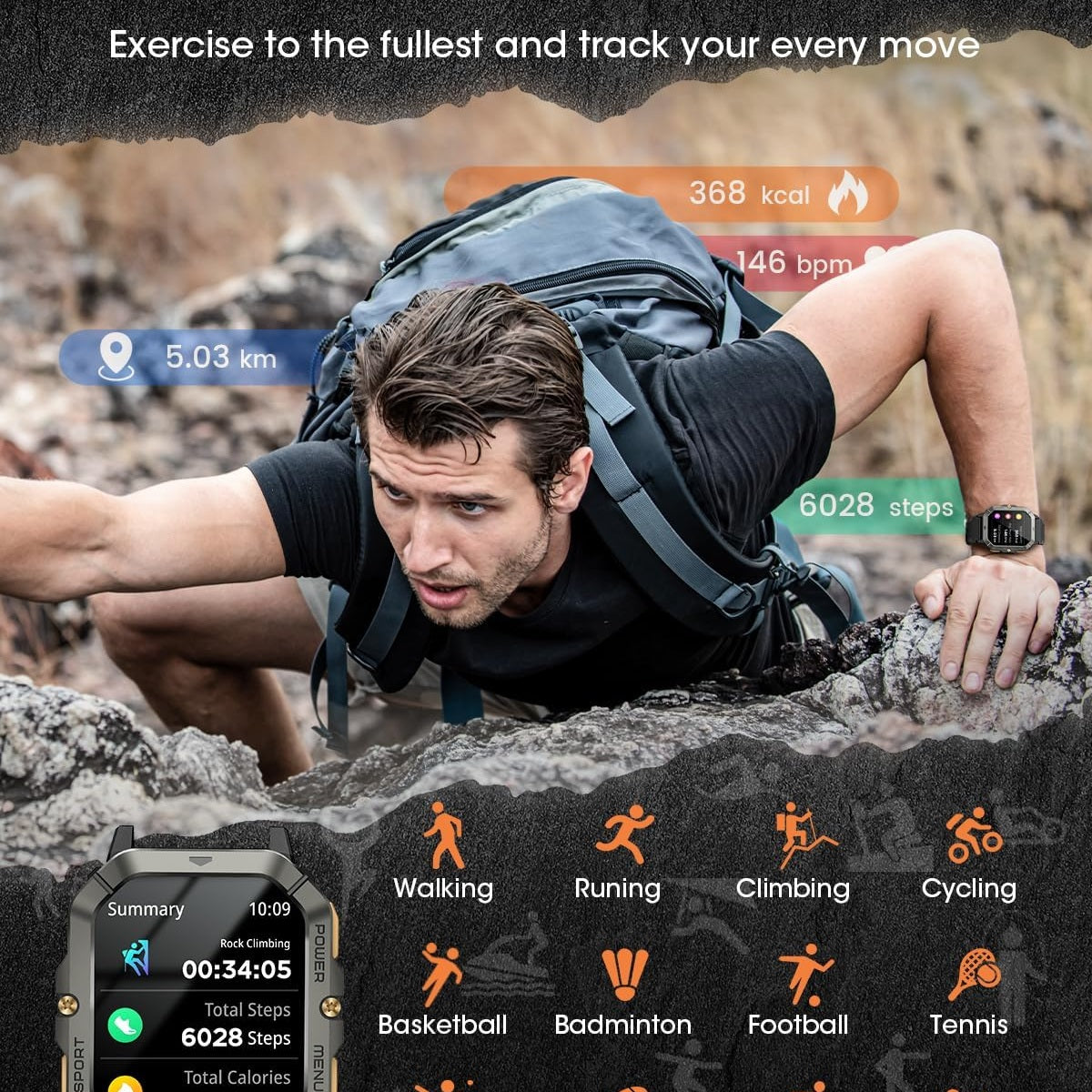 Military Smart Watches for Men (Answer/Make Calls), 2.02'' Fitness Smart Watch for Android and iPhone, Waterproof Fitness Tracker with Blood Pressure/Heart Rate/Sleep/100+ Sport Modes, Watches for Men