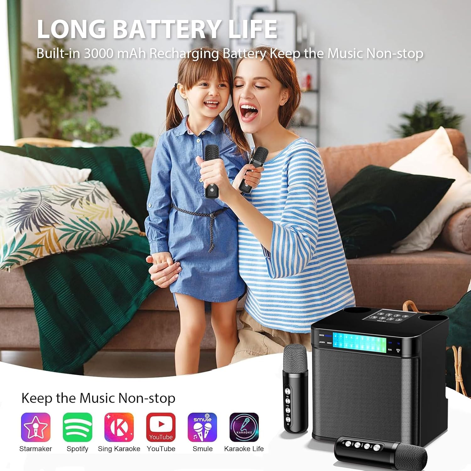 Karaoke Machine For Kids/Adults, Portable Bluetooth PA Speaker System With 2 Wireless Microphones For Home, Party, Metting, Dynamic LED Lights, Support TF/USB/AUX