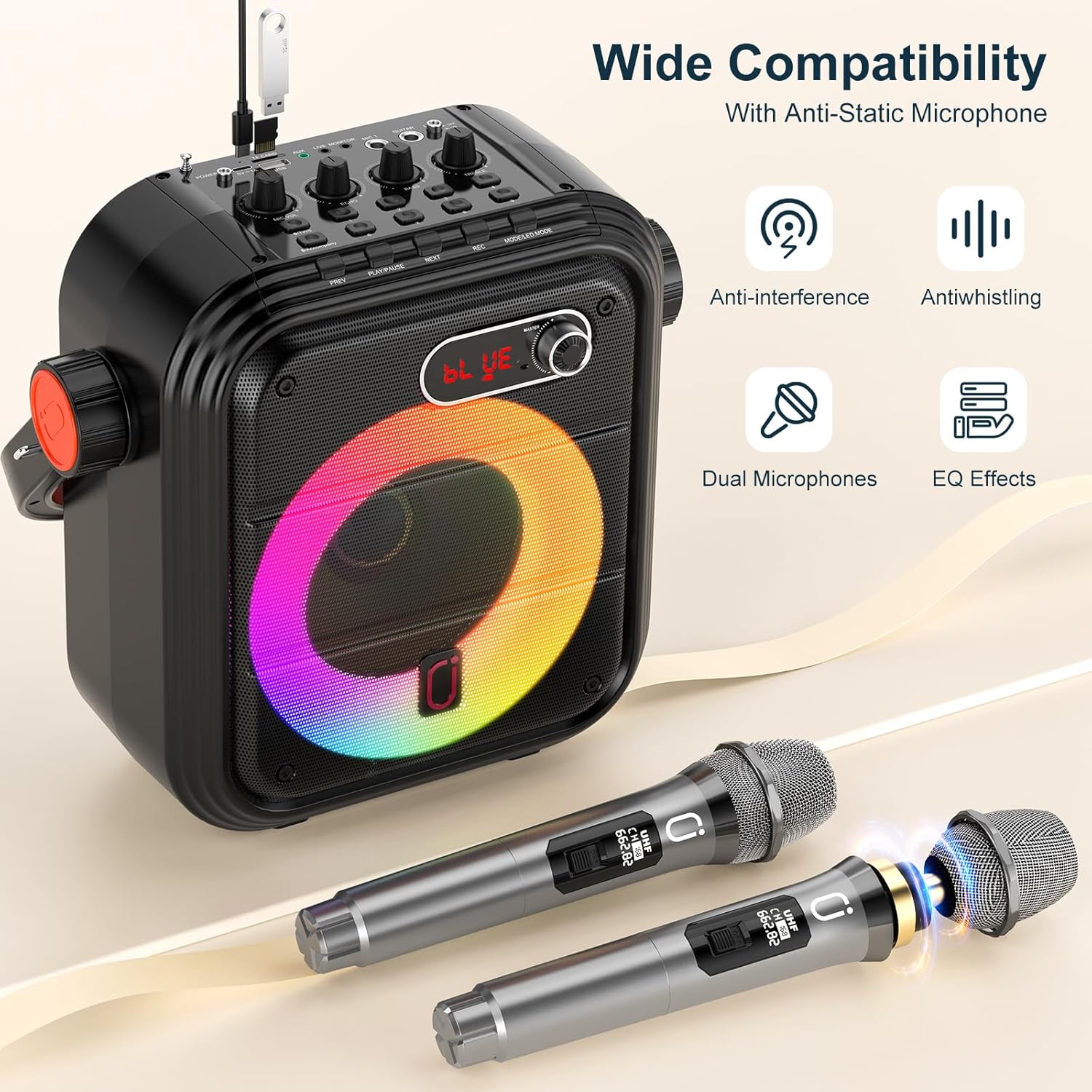 JYX Karaoke Machine, Professional Karaoke Speakers with 2 Wireless Microphones for Adults, Supports Portable Karaoke System TWS/AUX/FM/USB/TF Card