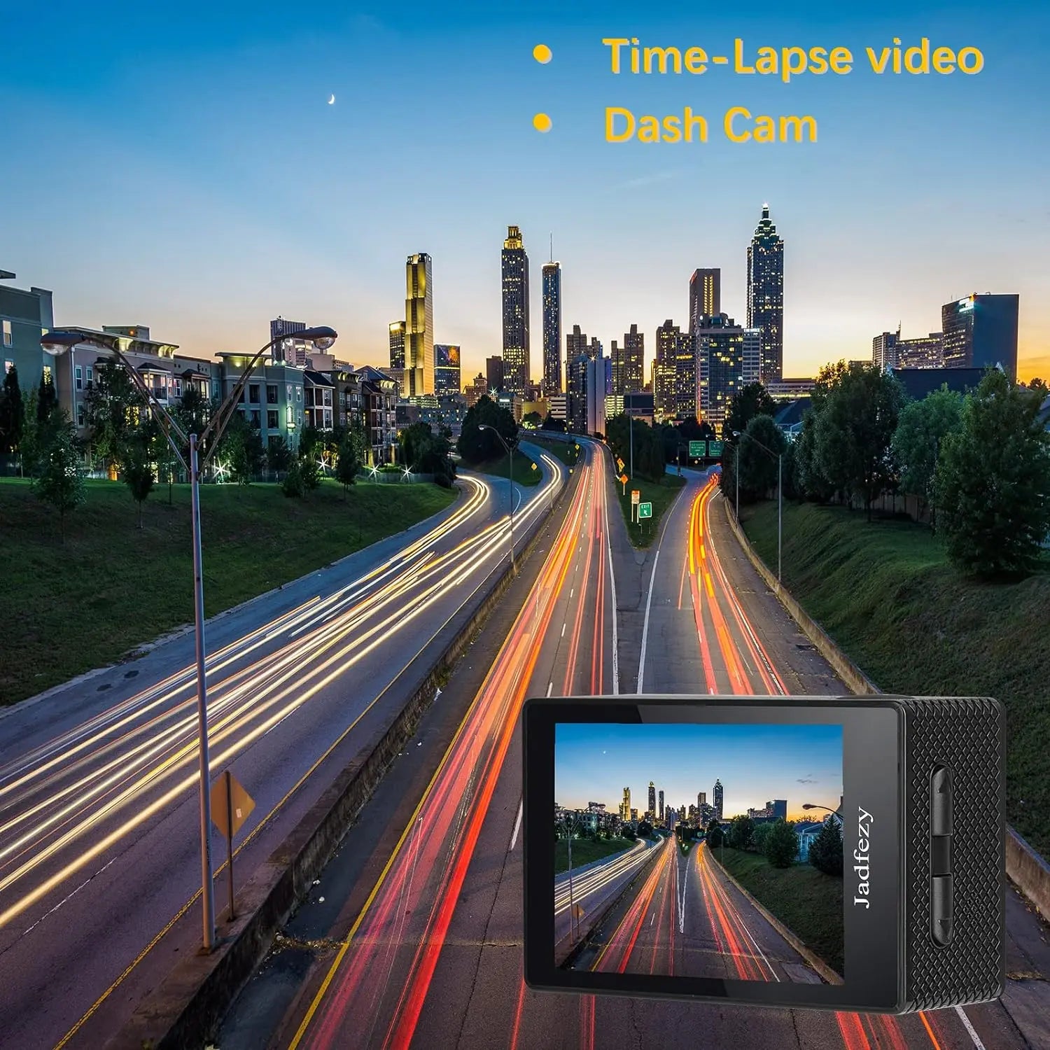 Jadfezy action camera capturing city time-lapse video with dash cam functionality display