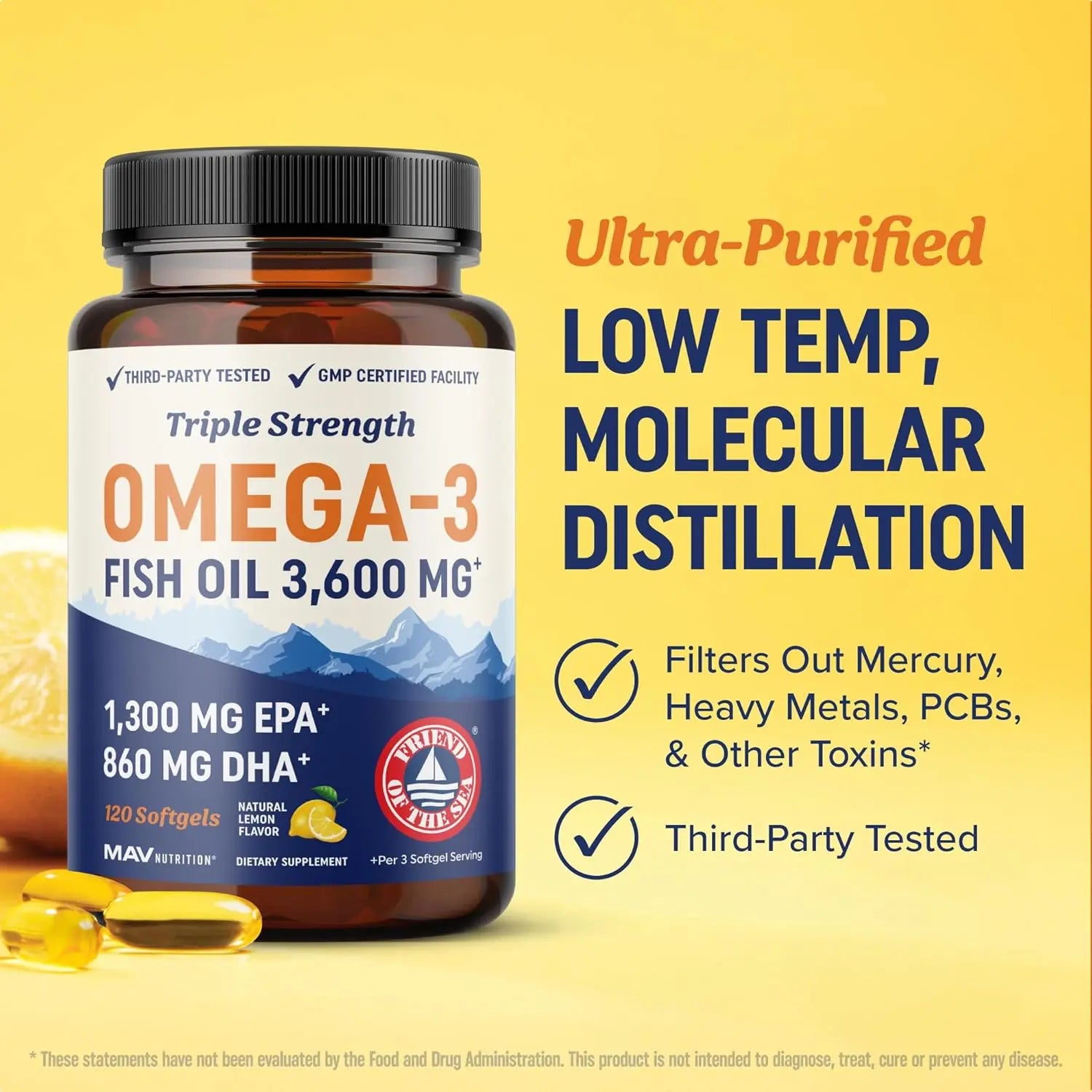 Triple Strength Omega 3 Fish Oil 3600 mg | EPA & DHA | Over 2100mg Omega-3 Fatty Acids | 1300mg EPA + 860mg DHA | Best Essential Fatty Acids | Premium Wild Caught & Burpless Fish Oil | 120 Ct
