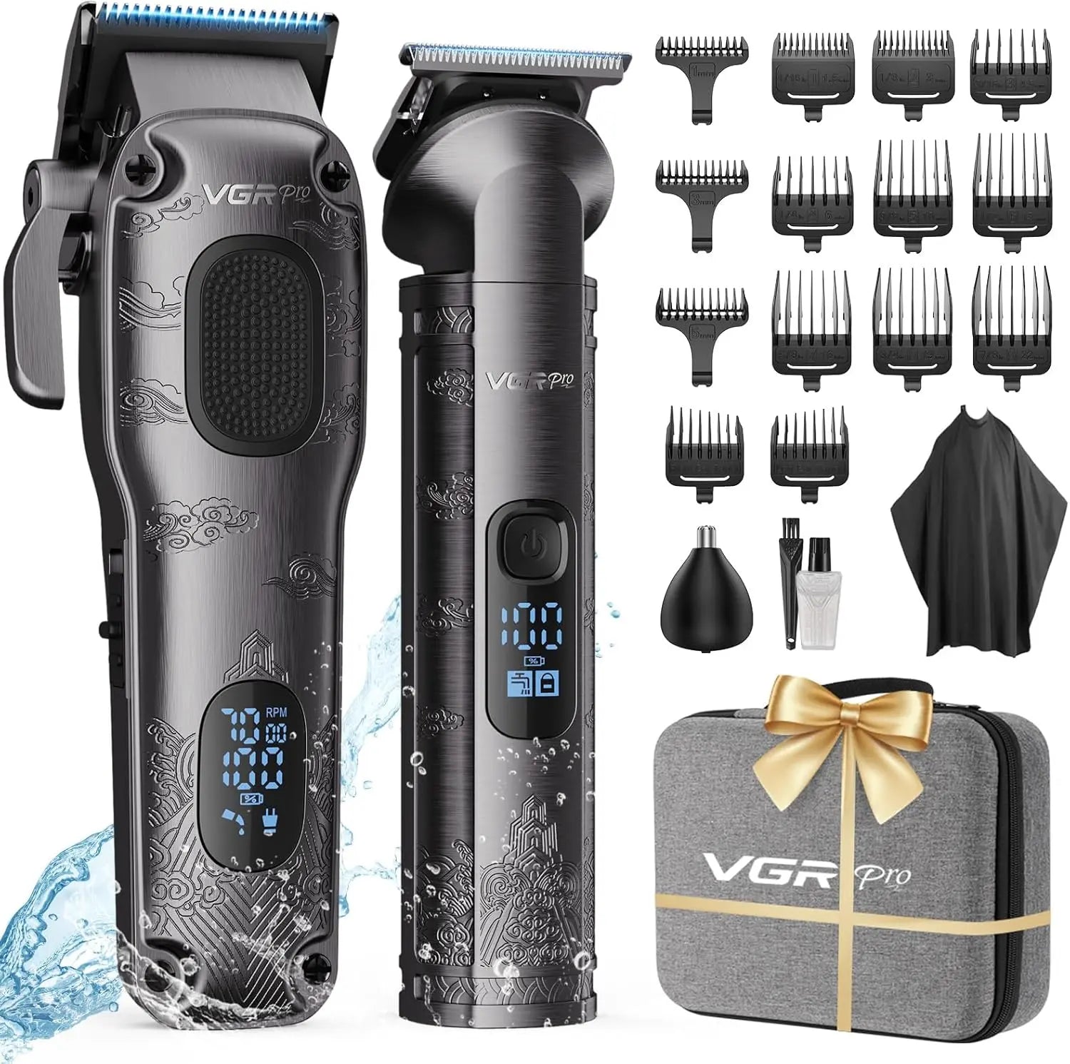 VGRPRO Hair Clippers for Men, Professional Cordless Hair Clippers and Trimmer Set, 4 in 1 Mens Beard Trimmer and Nose Ear Trimmer with Package Box Gray