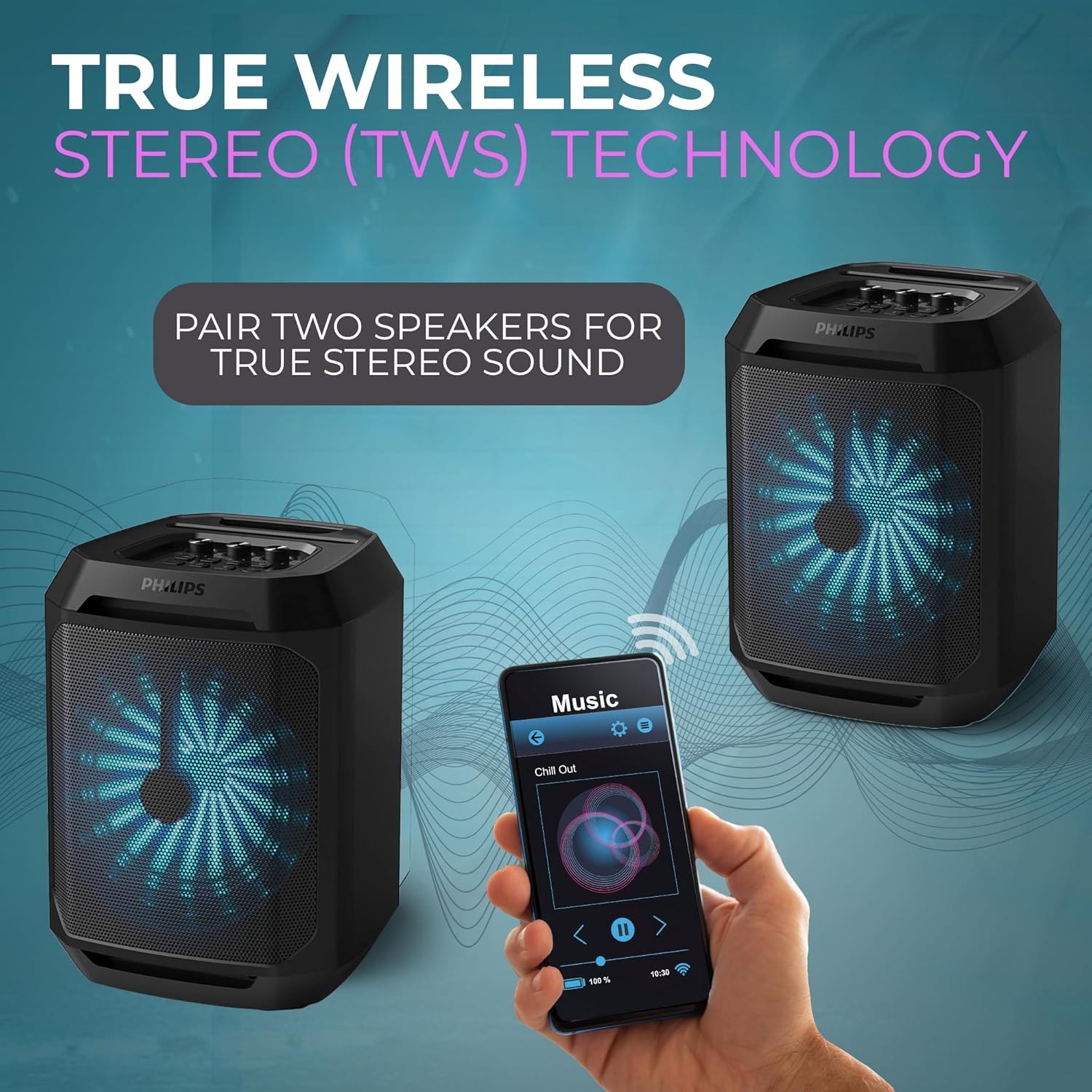 Philips Bluetooth Party Speaker, Dynamic Bass Boost, Bluetooth and Aux-in, Karaoke Microphone Input, Wireless Pairing for Stereo Sound, Up to 7 Hours Battery, Built-in Carry Handle, USB-C TAX2208