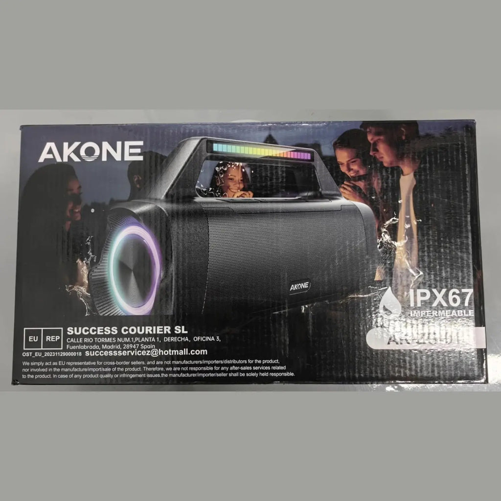 AKONE black speaker box featuring car party scene and IPX67 waterproof icon