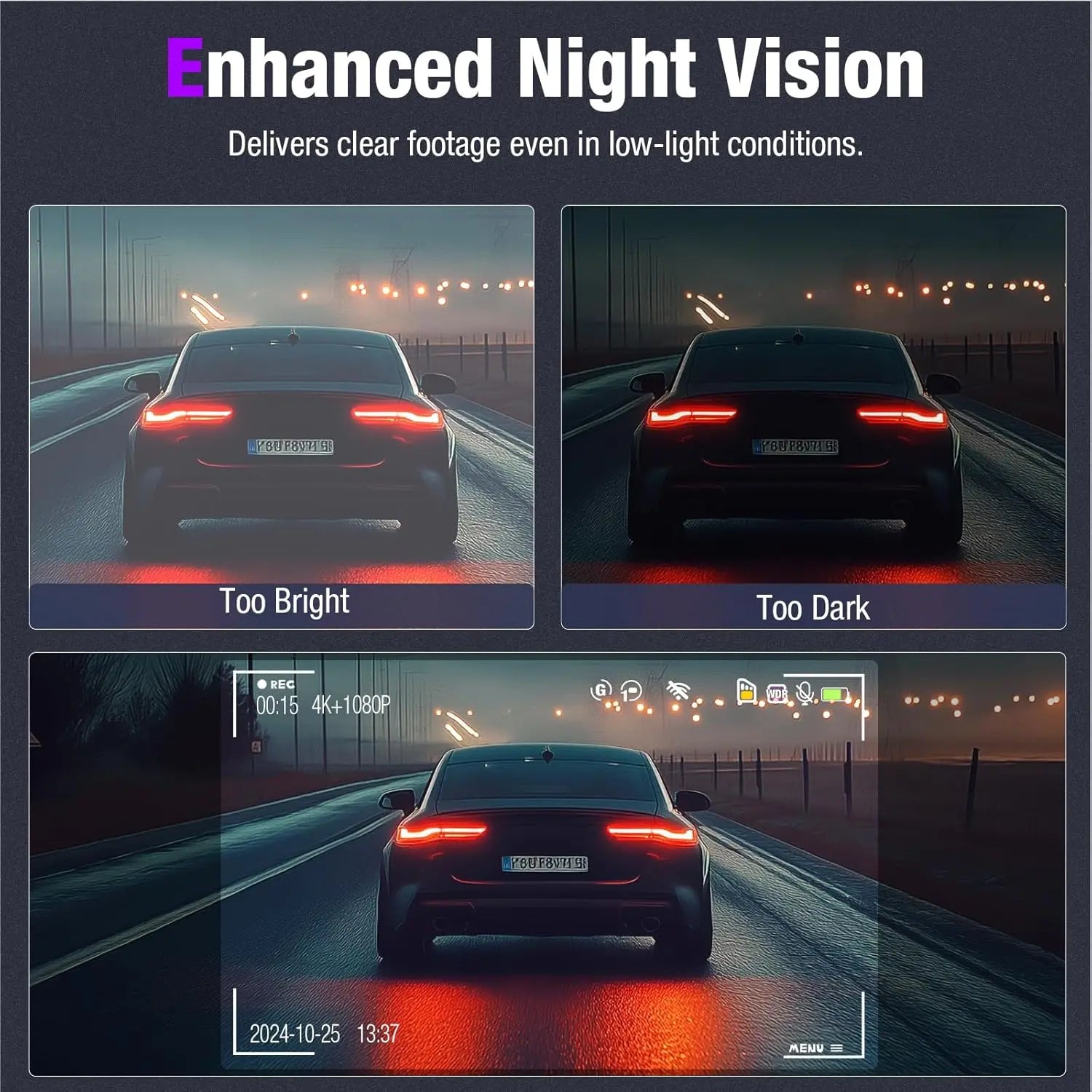 Enhanced night vision dash cam capturing clear video in low light
