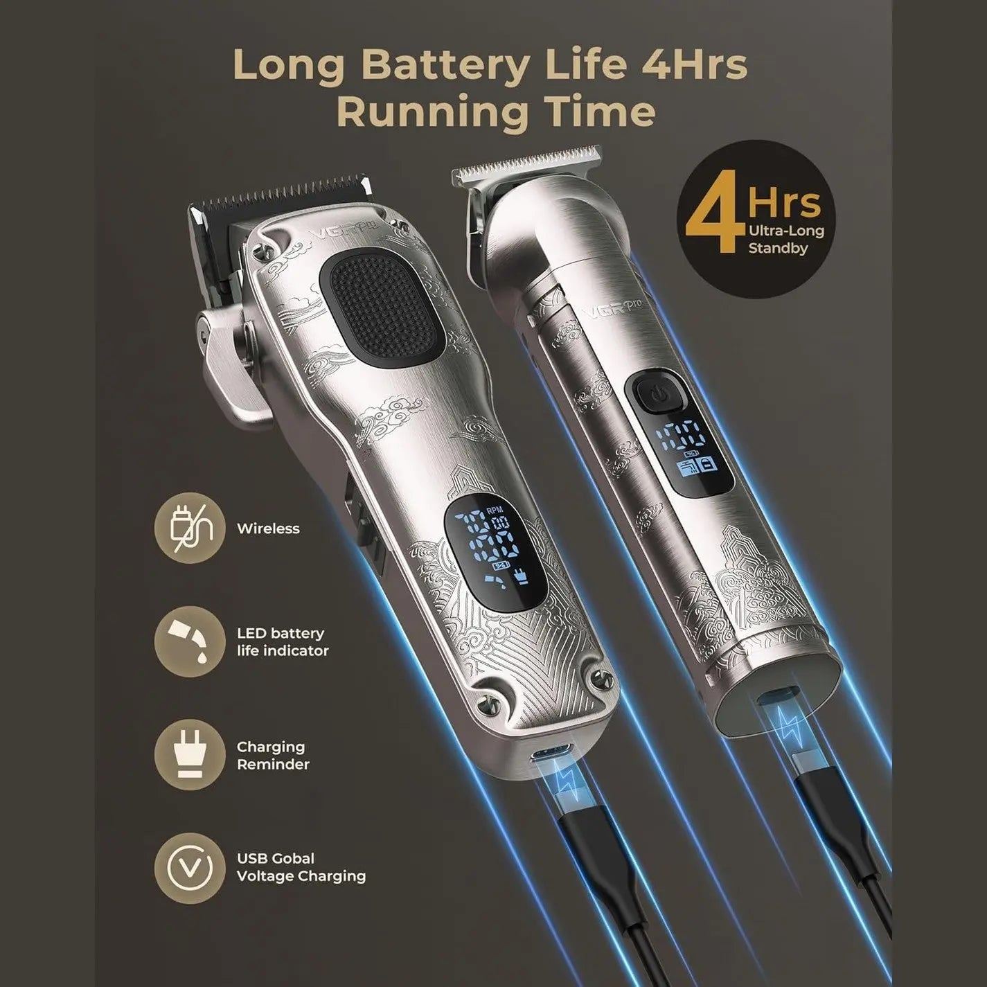 VGRPRO USB-C charging hair clippers with 4-hour battery life indicator