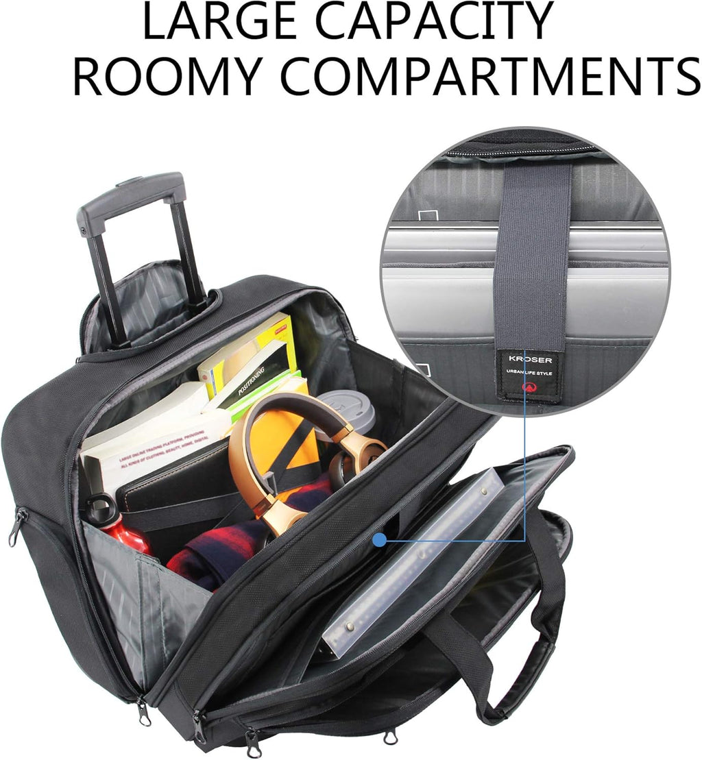 KROSER Rolling Laptop Bag for Men Women, Rolling Laptop Wheeled Briefcase for Business Fits Up to 17.3 Inch Laptop, Water-Repellent Wheeled Computer Bag Roller Case with RFID Pockets for Travel/School
