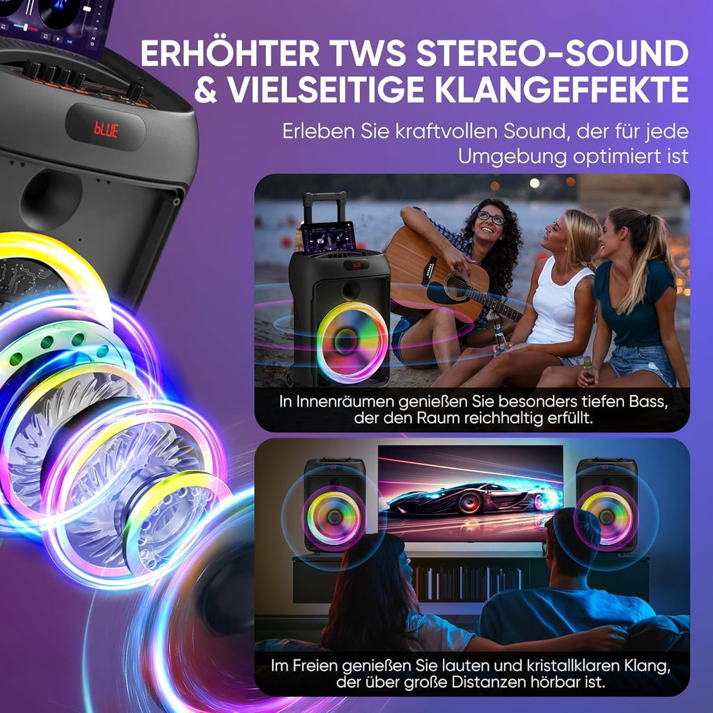 Karaoke Machine, Hukkmela Portable Karaoke System with 3 Microphones, Bass/Treble Adjustment, LED Lights, PA System, Supports REC/FM/AUX/USB/TF