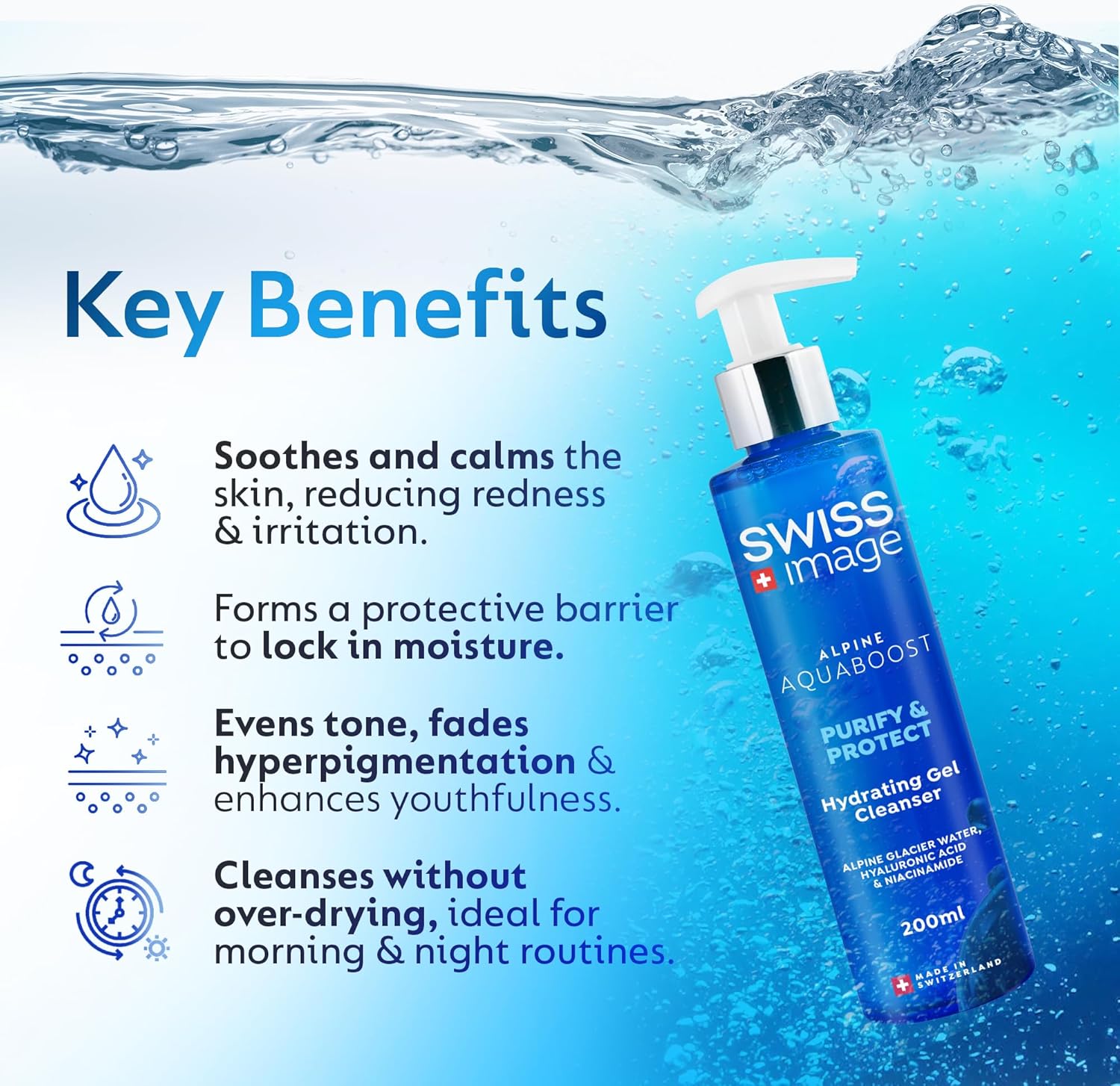 Aquaboost Hydrating Gel Cleanser With Hyaluronic Acid And Niacinamide 200 ml | Oil-Free, Deeply Hydrates, Plumps And Brightens Skin Lightweight, Non-Drying Formula | All Skin Types | Swiss Made