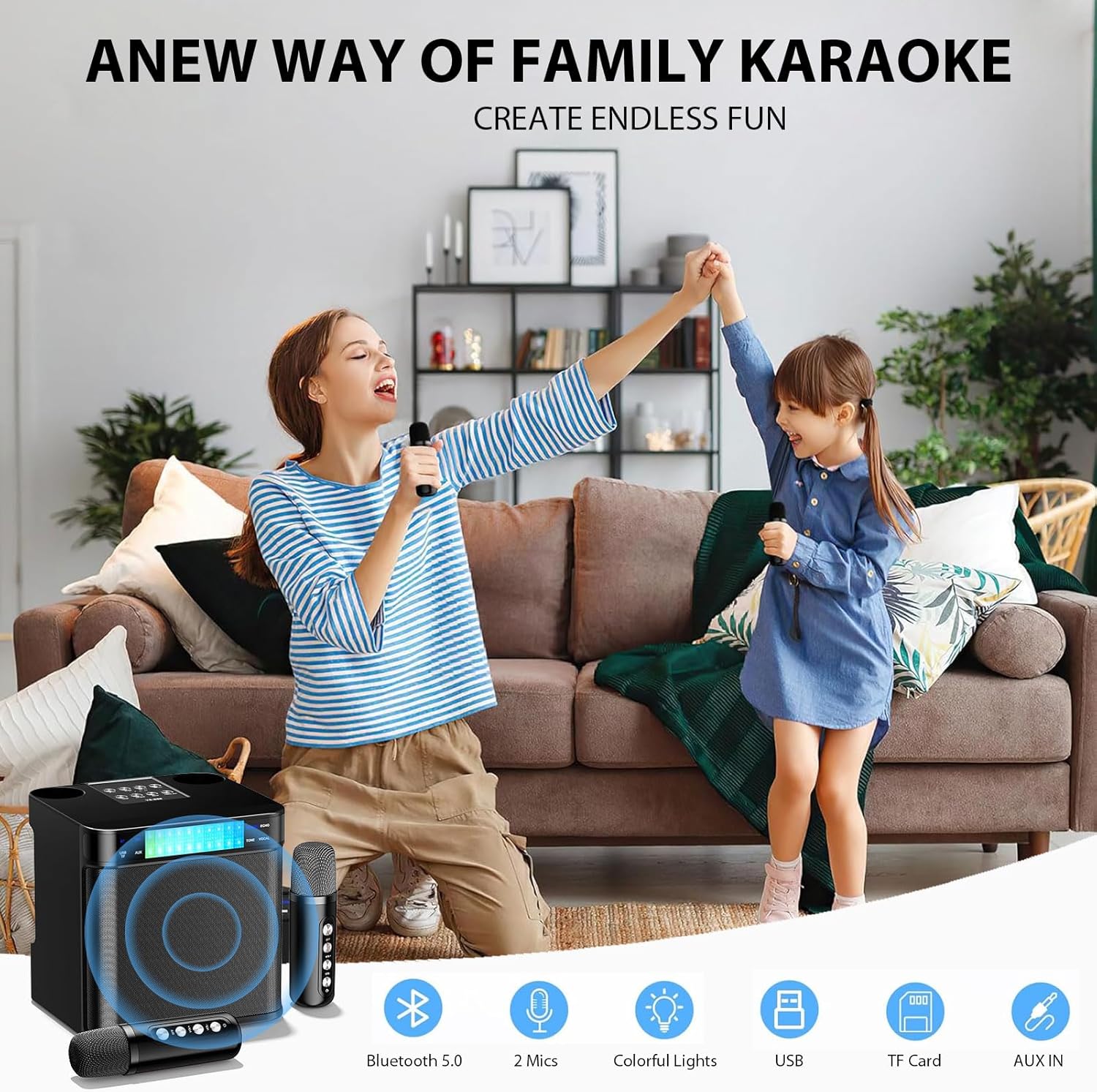 Karaoke Machine For Kids/Adults, Portable Bluetooth PA Speaker System With 2 Wireless Microphones For Home, Party, Metting, Dynamic LED Lights, Support TF/USB/AUX