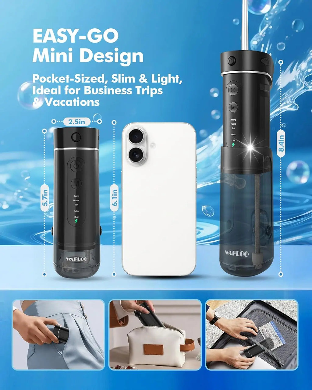 Mini Portable Water Flosser, 5 Modes Cordless with Telescopic Water Tank, 4 Tips, IPX7 Waterproof Water Floss for Home & Travel Black